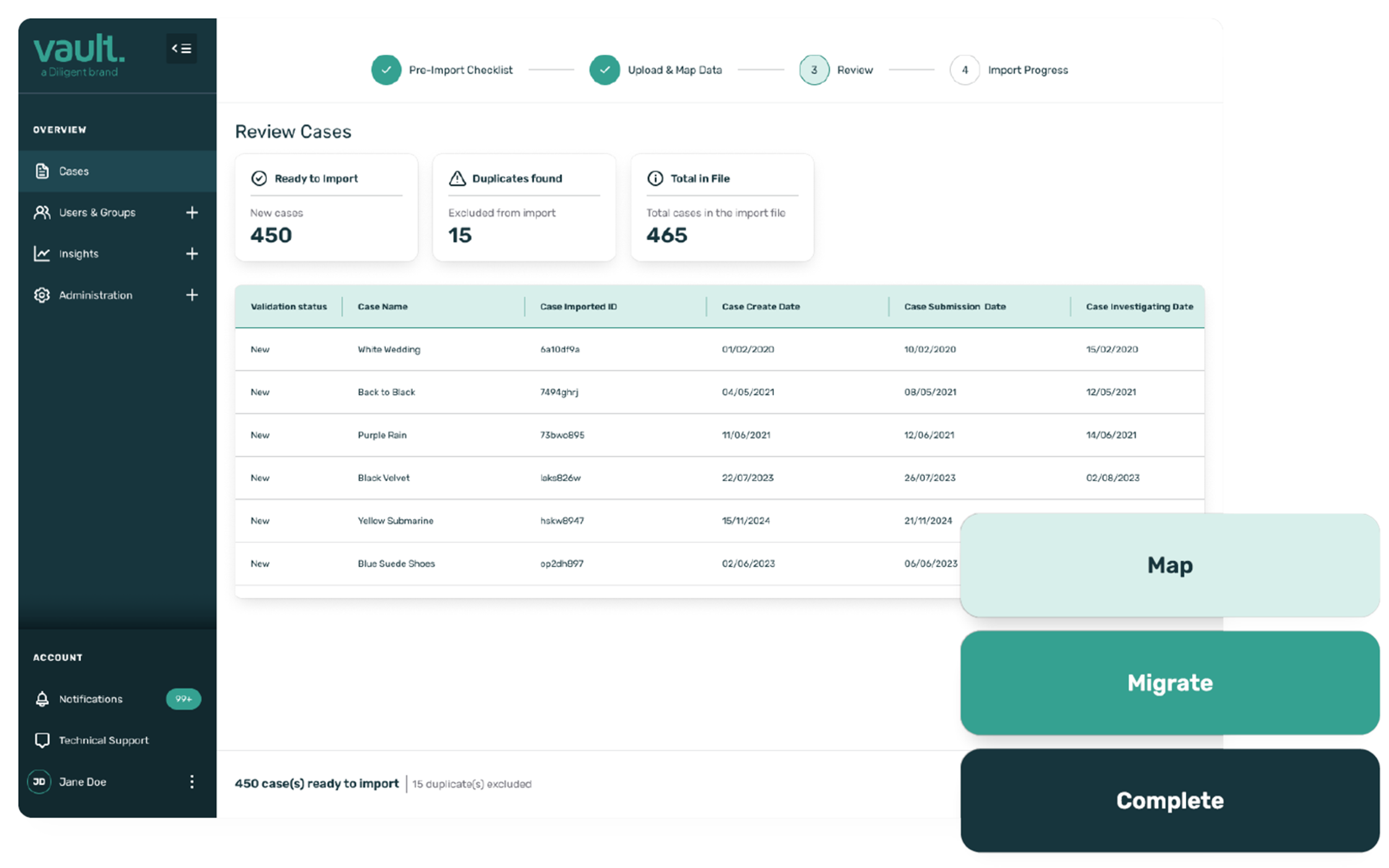 Vault case importer review screen showing 450 cases ready to import with 15 duplicates excluded, illustrating how organizations migrate historical compliance data including sox violations into a centralized case management system