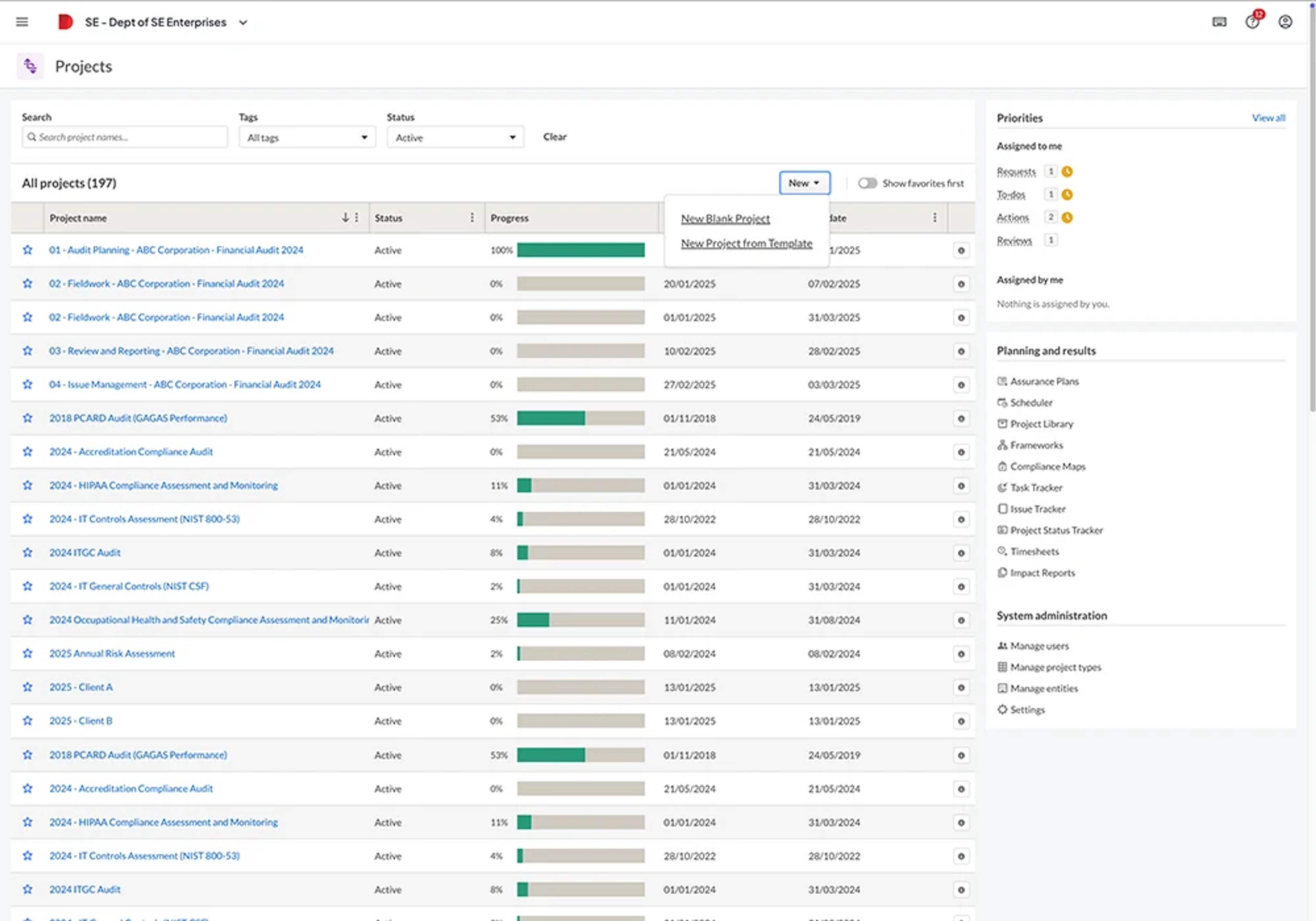 Audit projects tab on Diligent