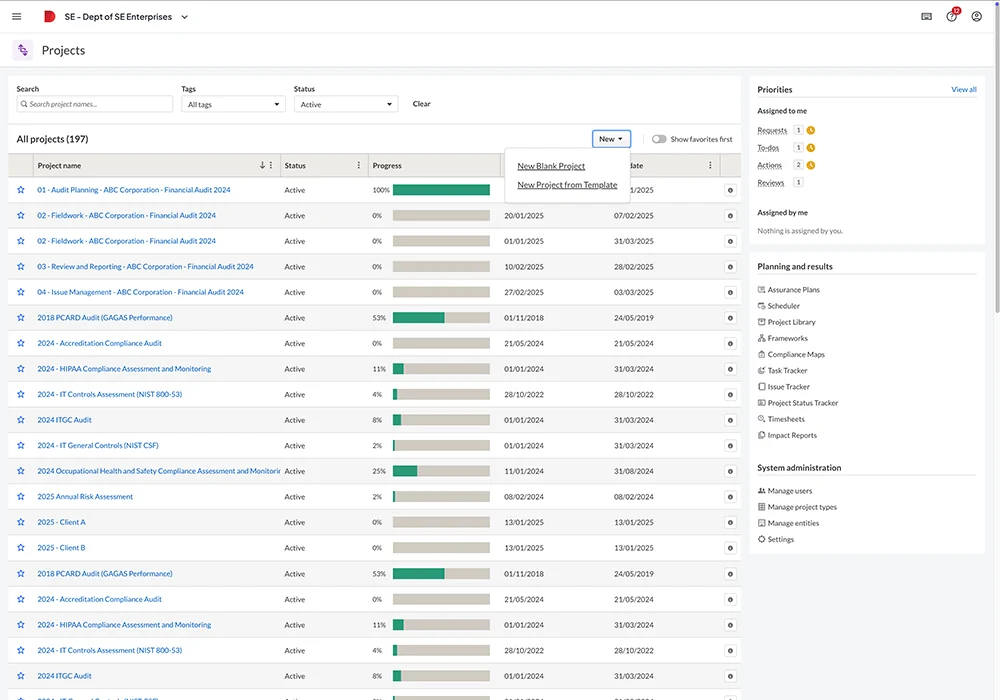 Audit projects tab on Diligent