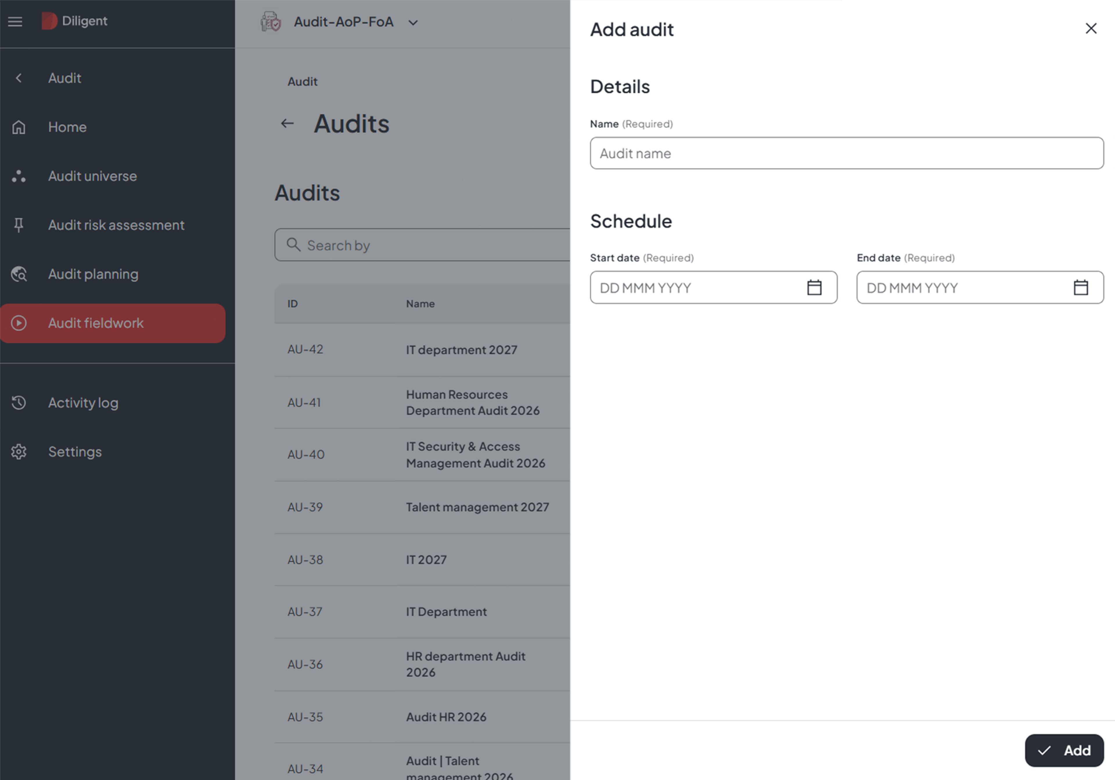 Diligent audit management interface for risk management in higher education showing audit scheduling and planning dashboard.