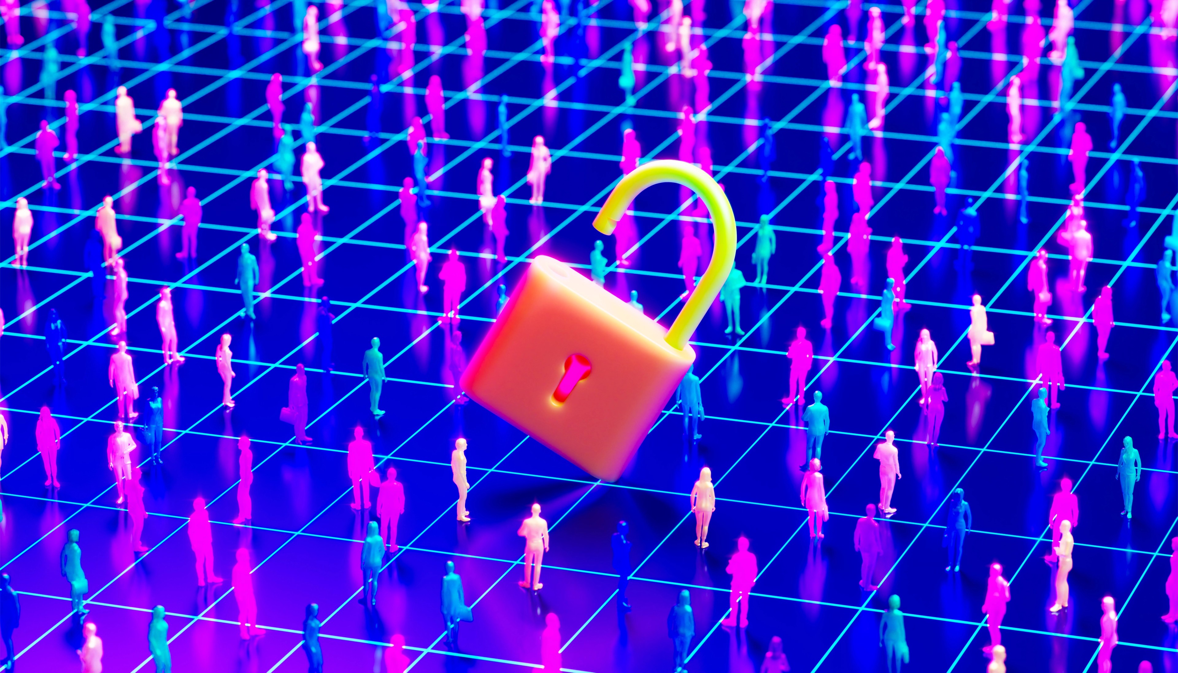 Open Padlock Above Crowd of People Representing Public Data Vulnerability and Identity Exposure