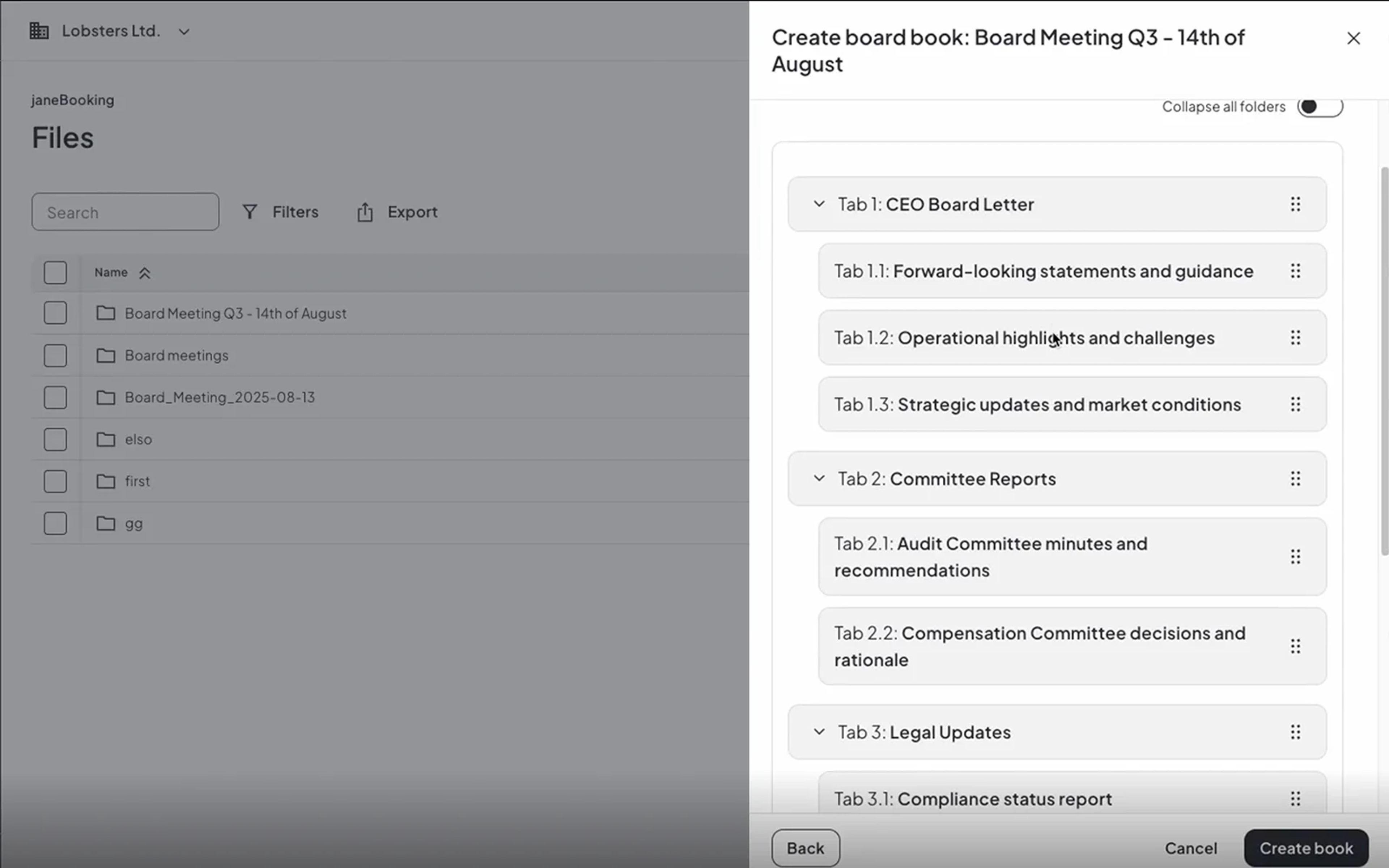 Diligent One Platform interface for creating board books and organizing meeting motion materials