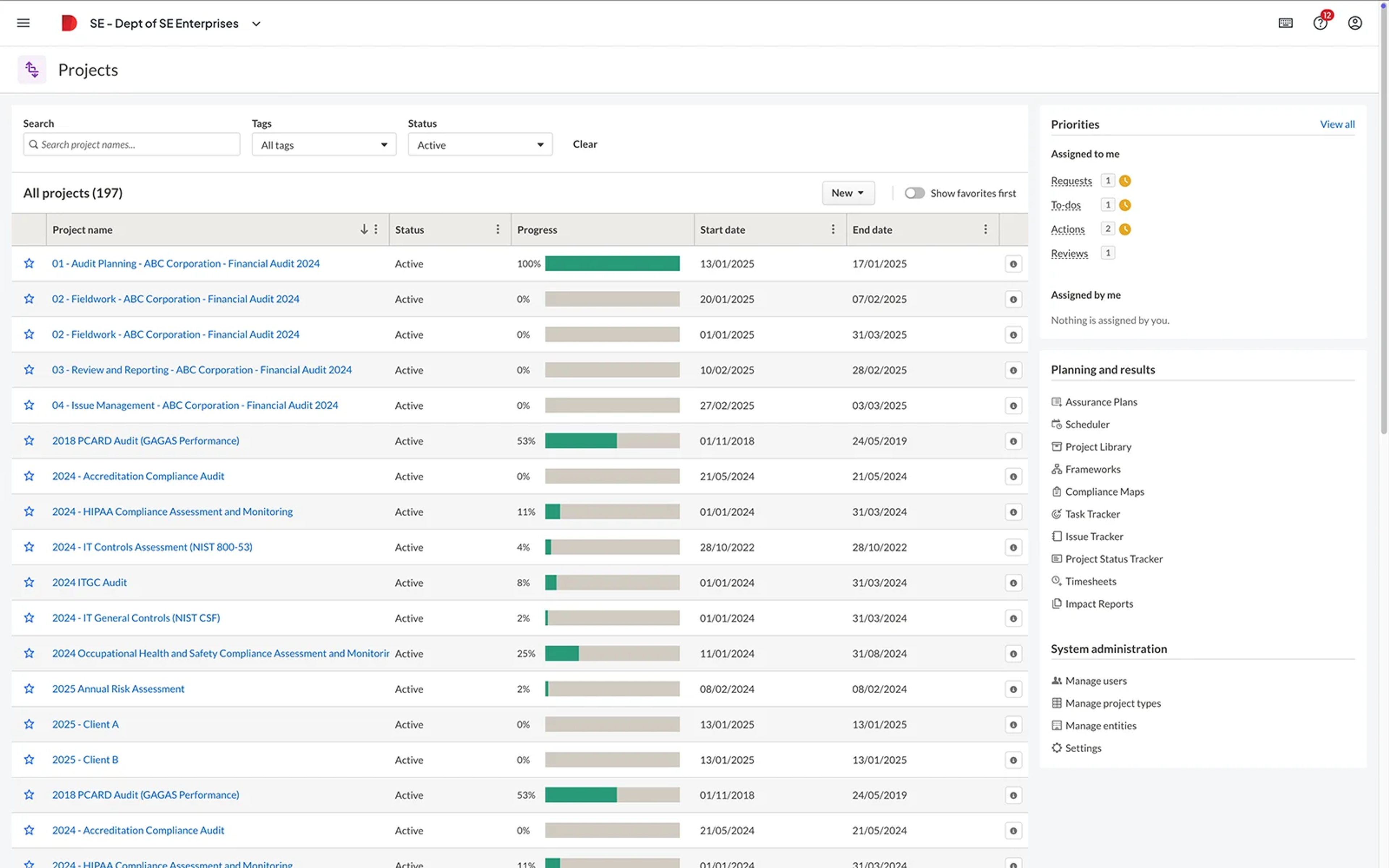 a dashboard showing list of projects