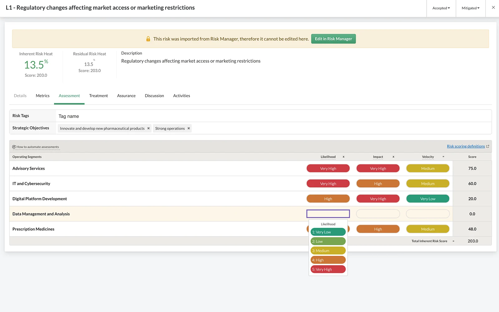 Diligent Risk Manager assessing regulatory risk with inherent and residual scores, a key capability under the stakeholder model of corporate governance.