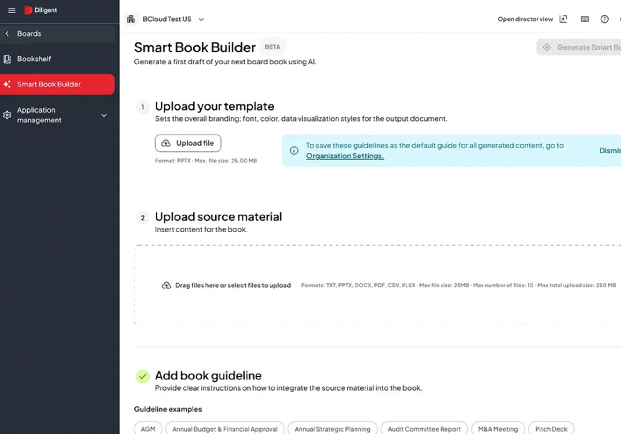 Diligent platform showing the Smart Book Builder, an AI tool used to create board books that support the fiduciary duties of directors.