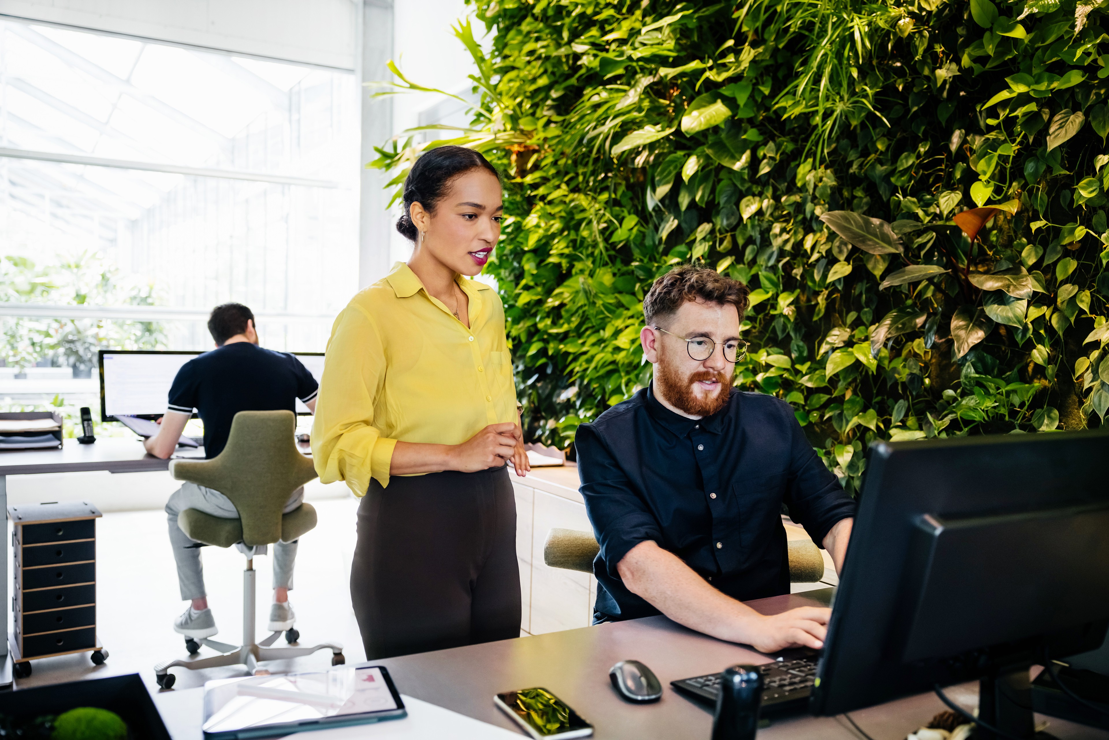 Sustainability professionals looking at a computer