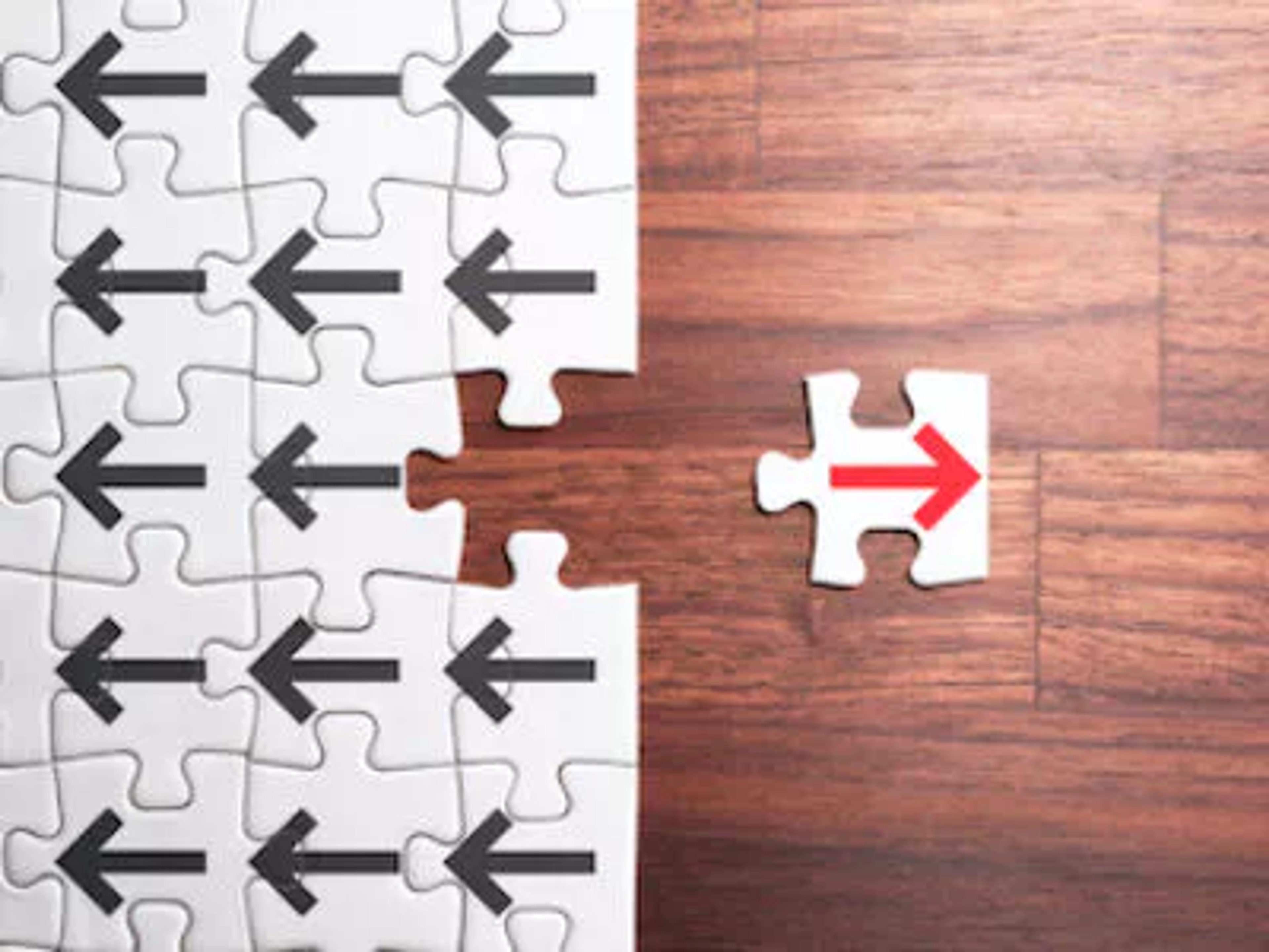 Puzzle pieces with black arrows facing one way with an empty space. The missing puzzle piece points the other direction fits the puzzle but has a red arrow that points the opposite direction. The image is illustrating board directors' conflict of interest policy.