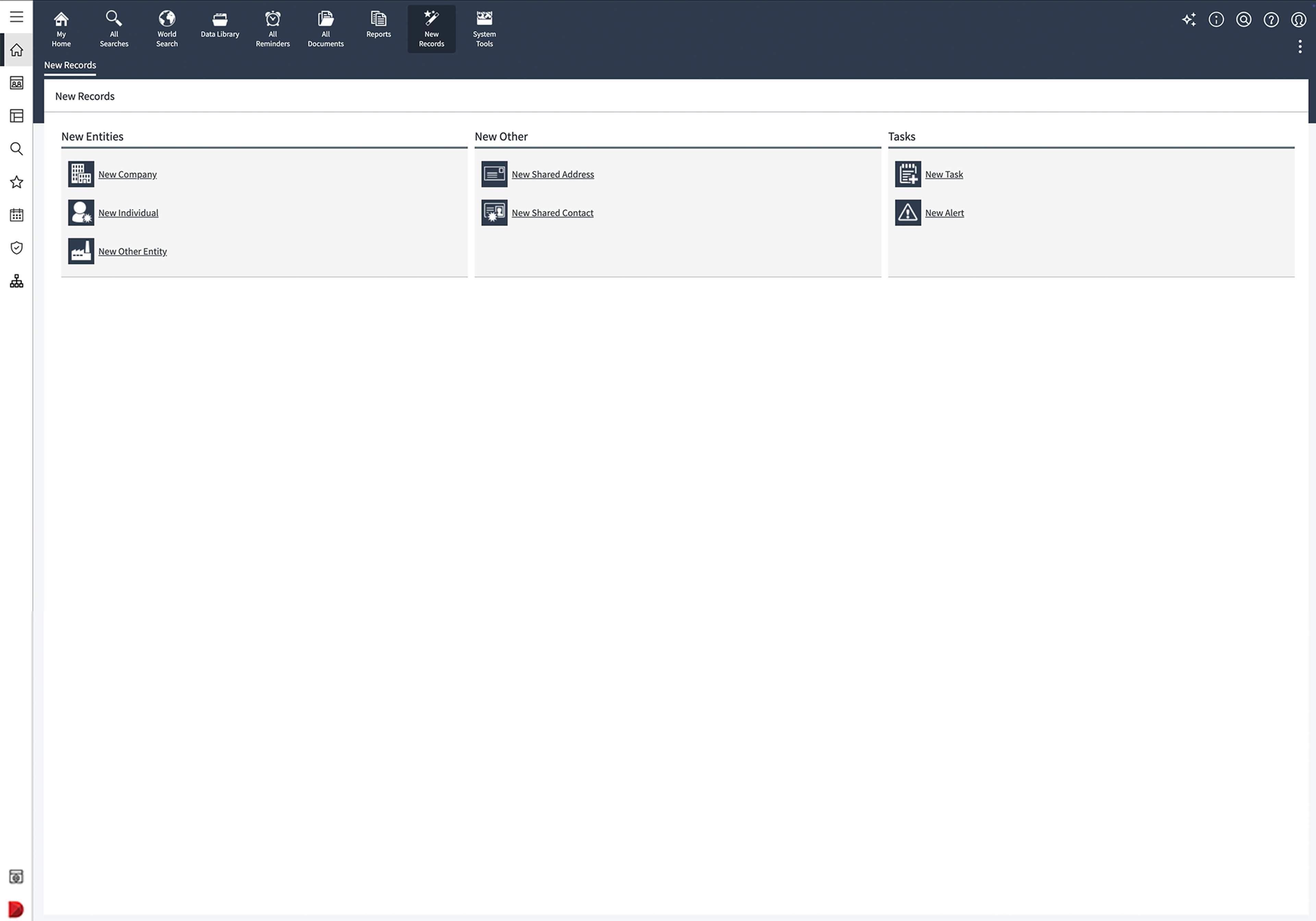 Diligent Entities platform interface showing the New Records screen, supporting data governance for SMB organizations by centralizing company, individual and entity record creation.