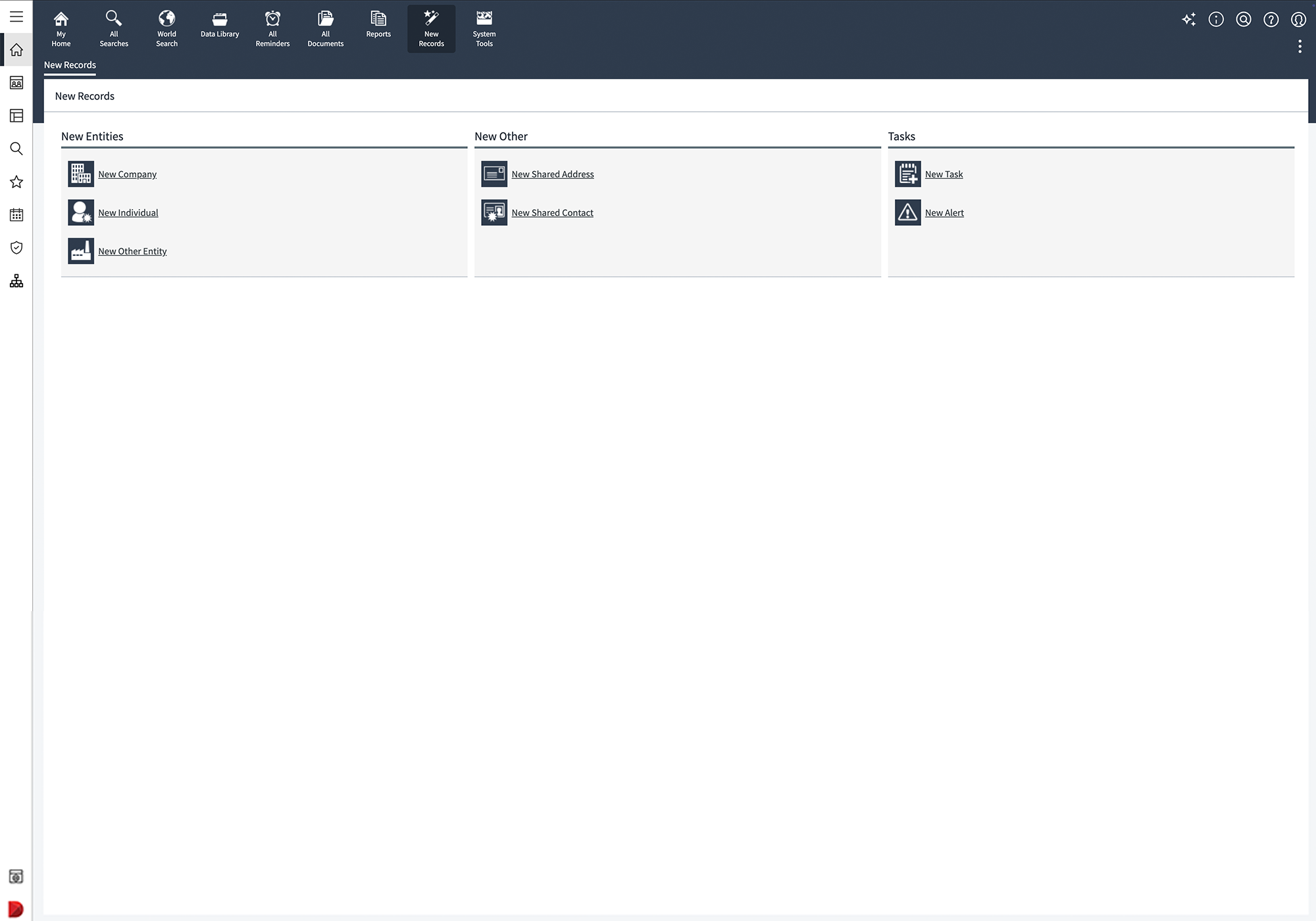 Diligent Entities platform interface showing the New Records screen, supporting data governance for SMB organizations by centralizing company, individual and entity record creation.