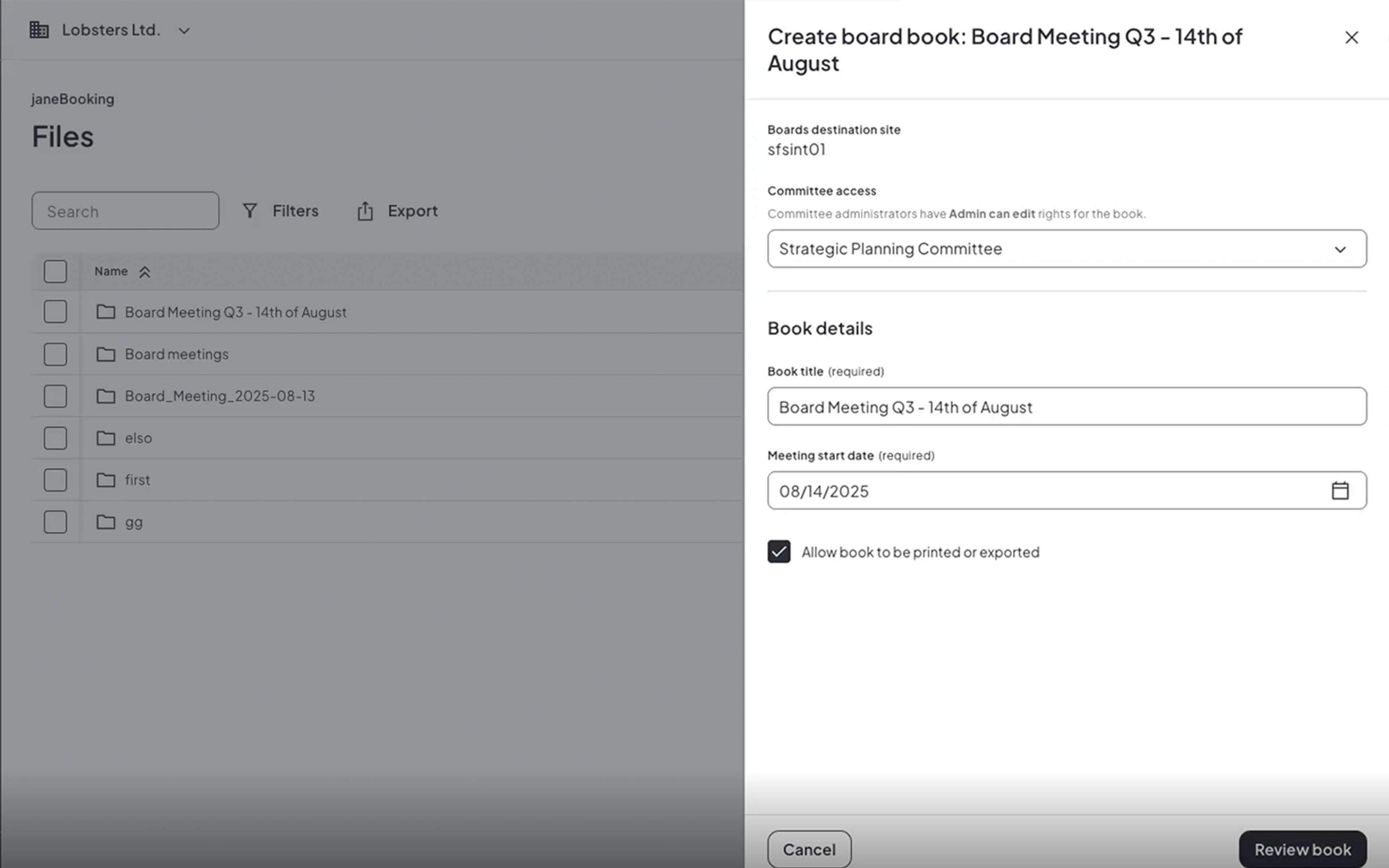 Diligent Boards interface for creating a board book, showing book title and committee selection : supports efficient board management and meeting preparation.