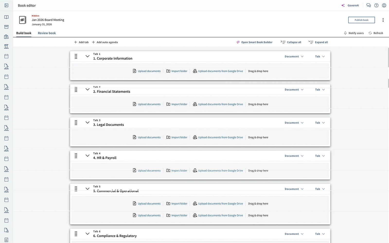 Diligent's board book editor, great for organizing board meeting minutes