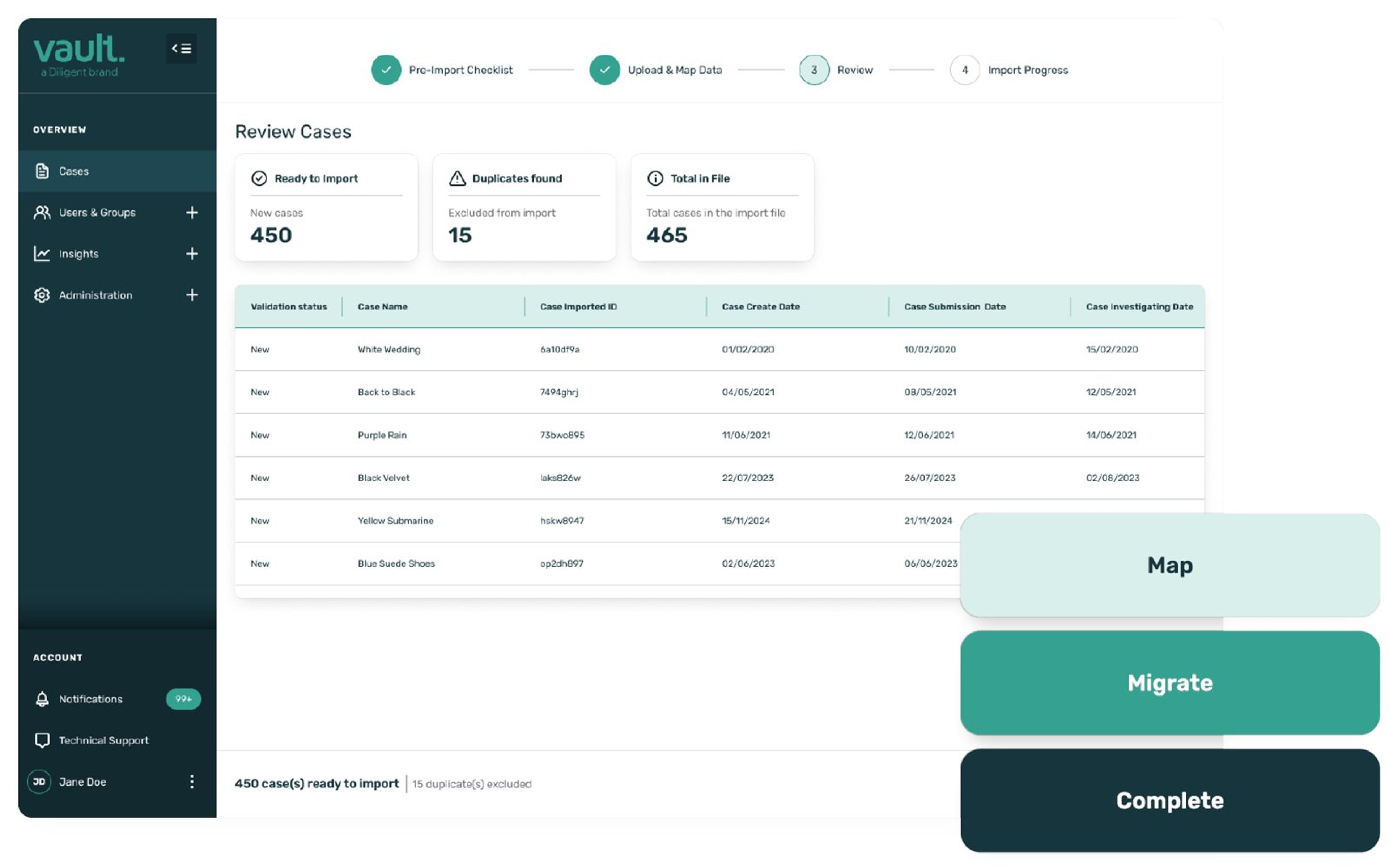 Whistleblower case list in Diligent Vault with case names and statuses, supporting a transparent compliance culture through secure, auditable case management.