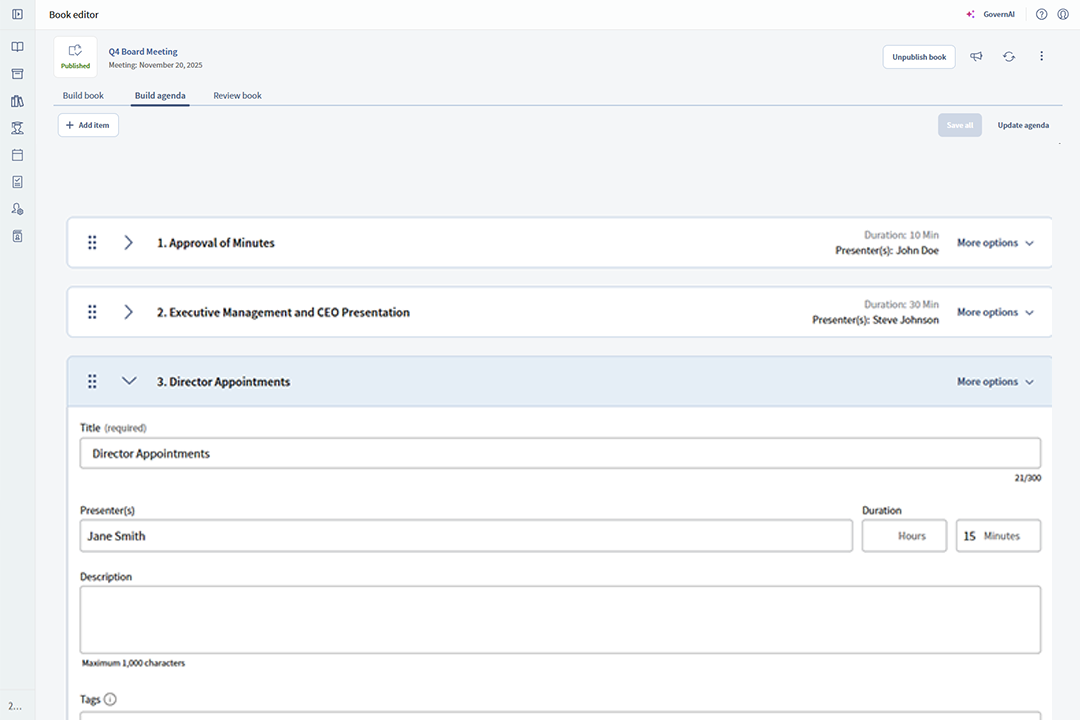 Diligent Boards agenda builder