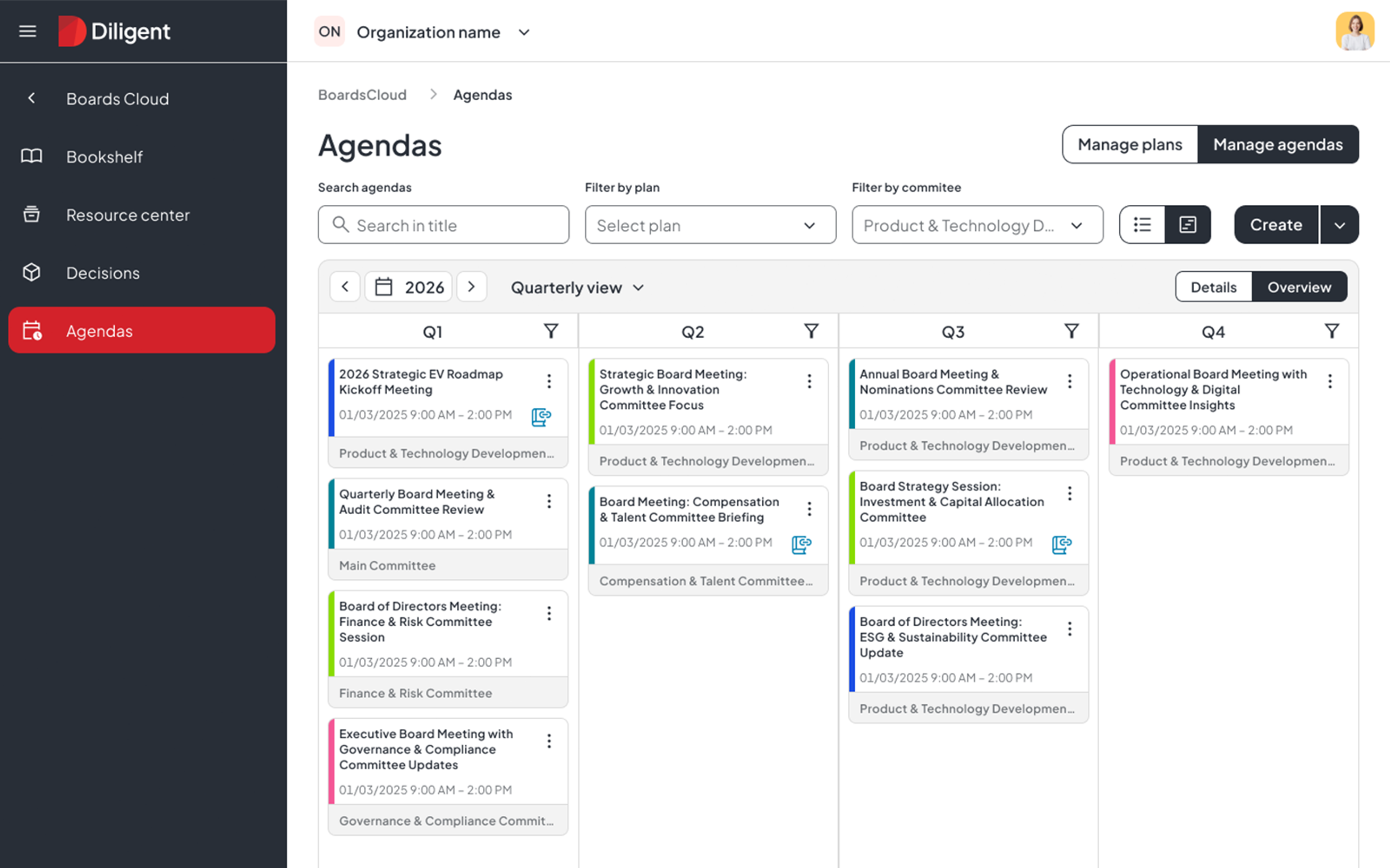 Diligent agenda planner with quarterly board meetings – supports advisory board scheduling and governance workflows.