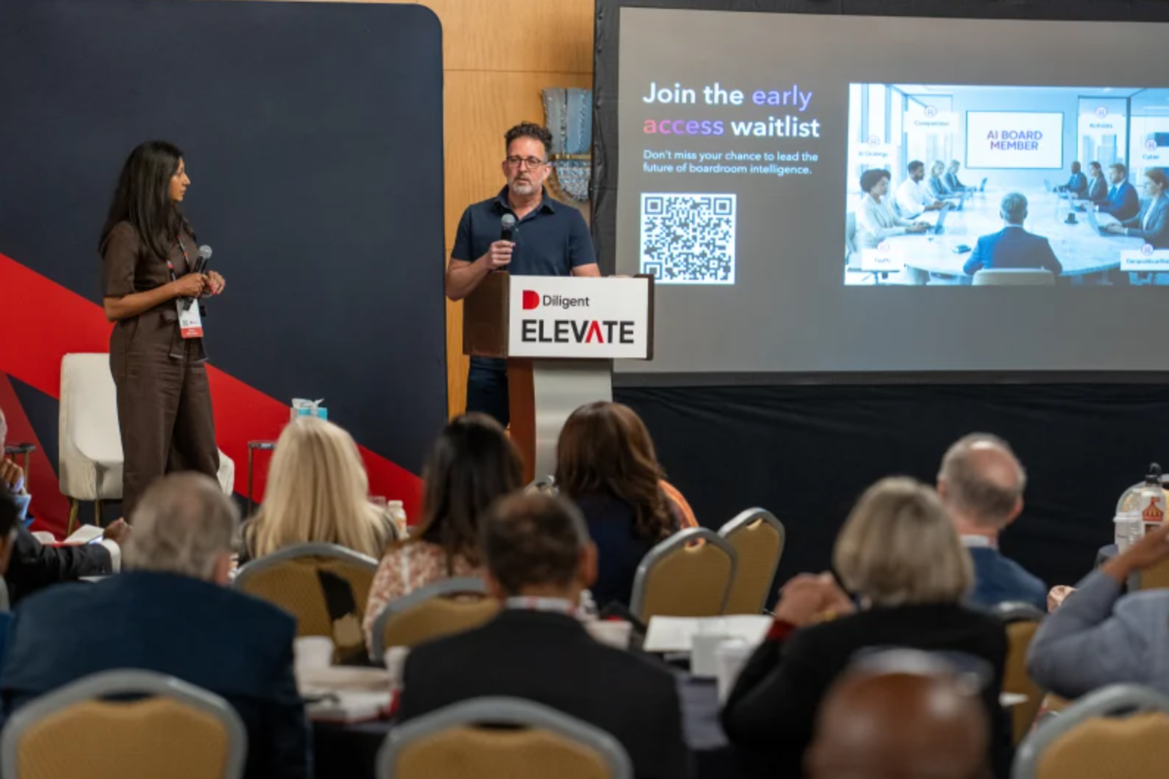 On stage at Diligent Elevate 2026: Brian Stafford CEO and President, Diligent and Nithya Das, General Manager, Governance and Chief Legal Officer at Diligent