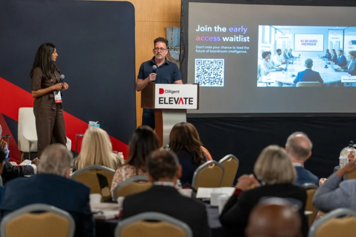 On stage at Diligent Elevate 2026: Brian Stafford CEO and President, Diligent and Nithya Das, General Manager, Governance and Chief Legal Officer at Diligent