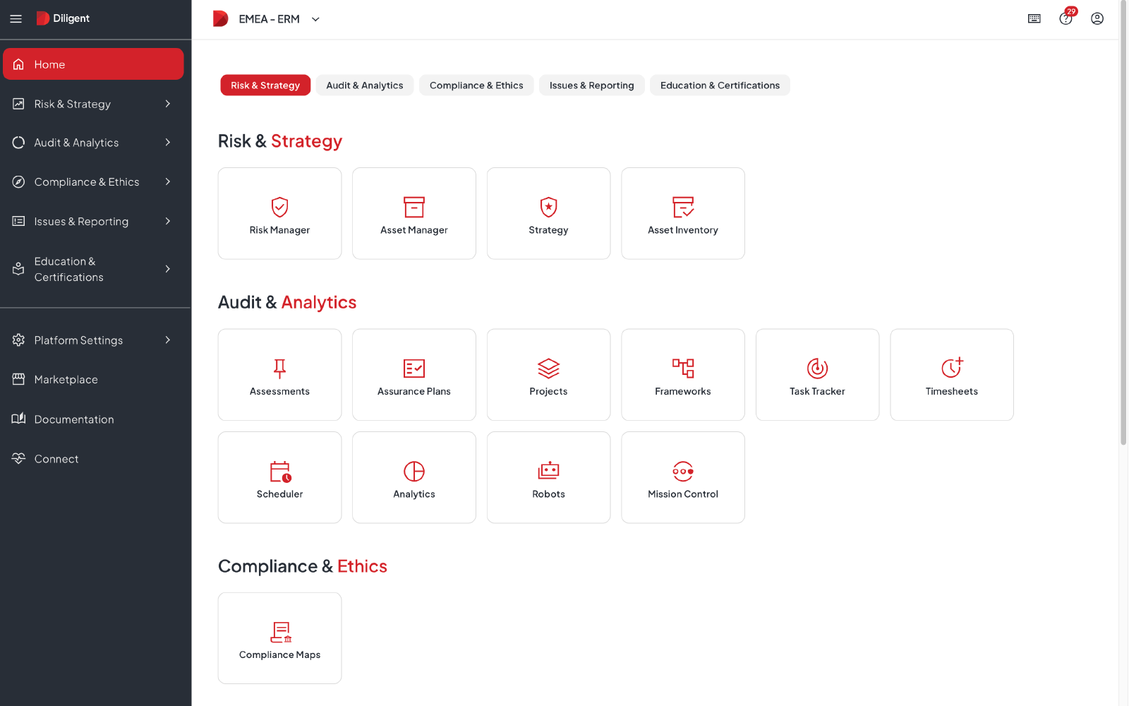 Diligent enterprise risk management homepage showing Risk & Strategy, Audit & Analytics, and Compliance & Ethics modules, part of a governance platform that helps general counsel oversee AI adoption, regulatory compliance, and board reporting.