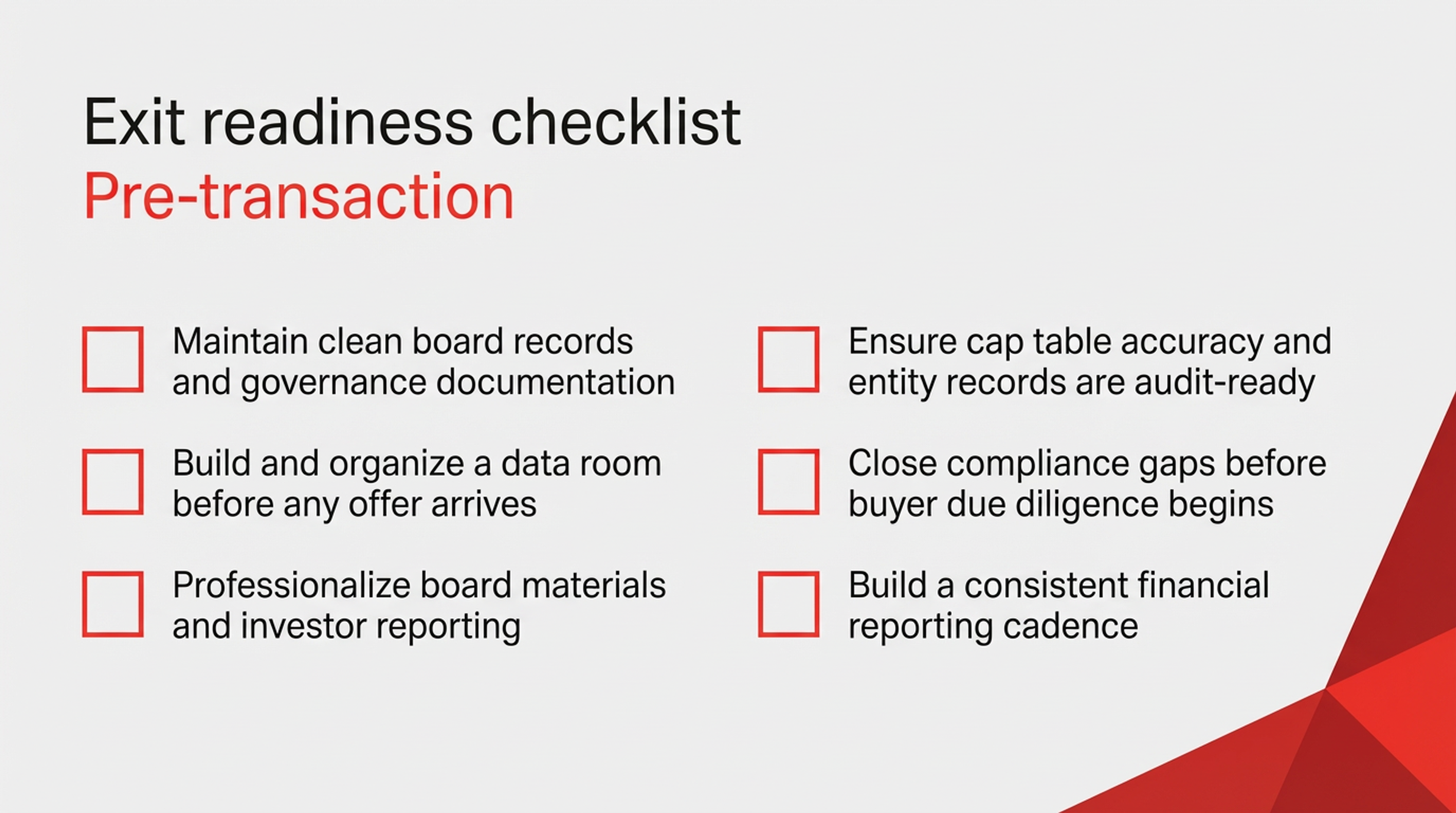 Pre-transaction exit plan for startup founders: six steps to stay audit-ready and close compliance gaps before any offer arrives.