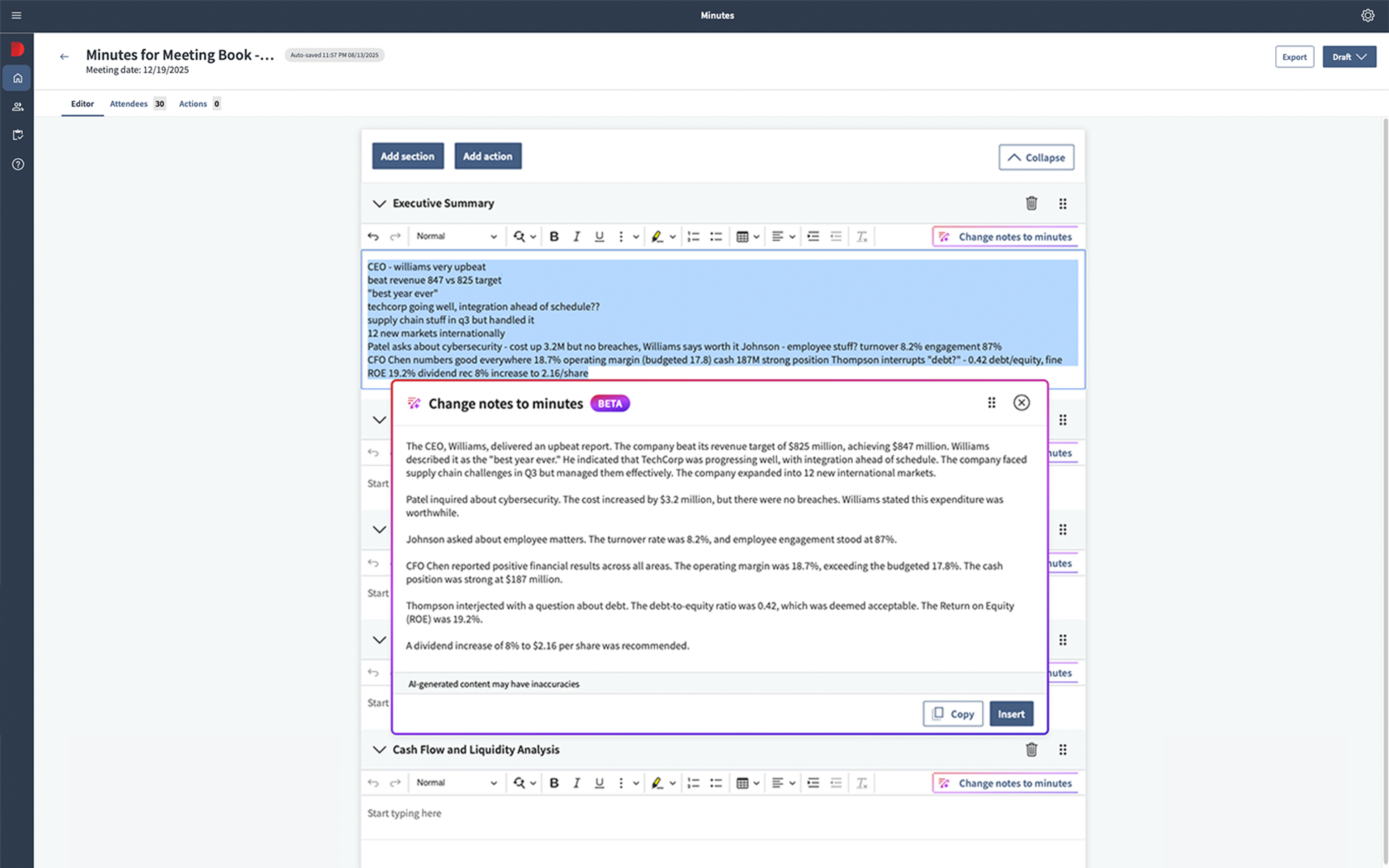 The Diligent platform editor demonstrating the "Change notes to minutes" feature, where ai meeting minutes software converts shorthand executive summary notes into a formal, polished narrative for official record-keeping.