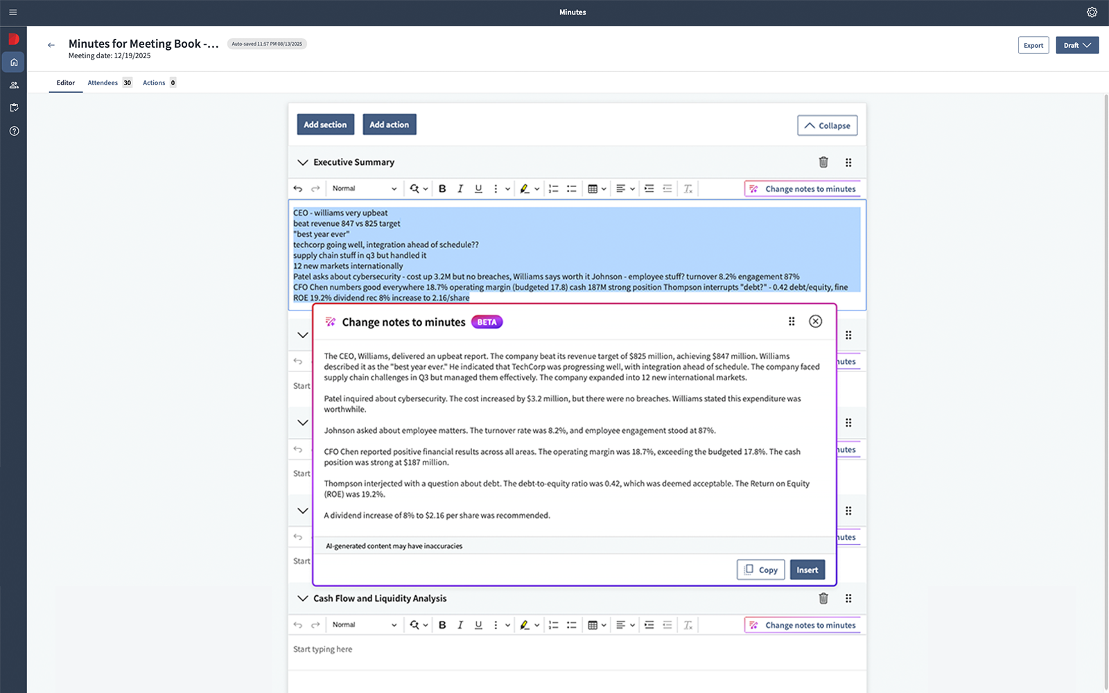 The Diligent platform editor demonstrating the "Change notes to minutes" feature, where ai meeting minutes software converts shorthand executive summary notes into a formal, polished narrative for official record-keeping.