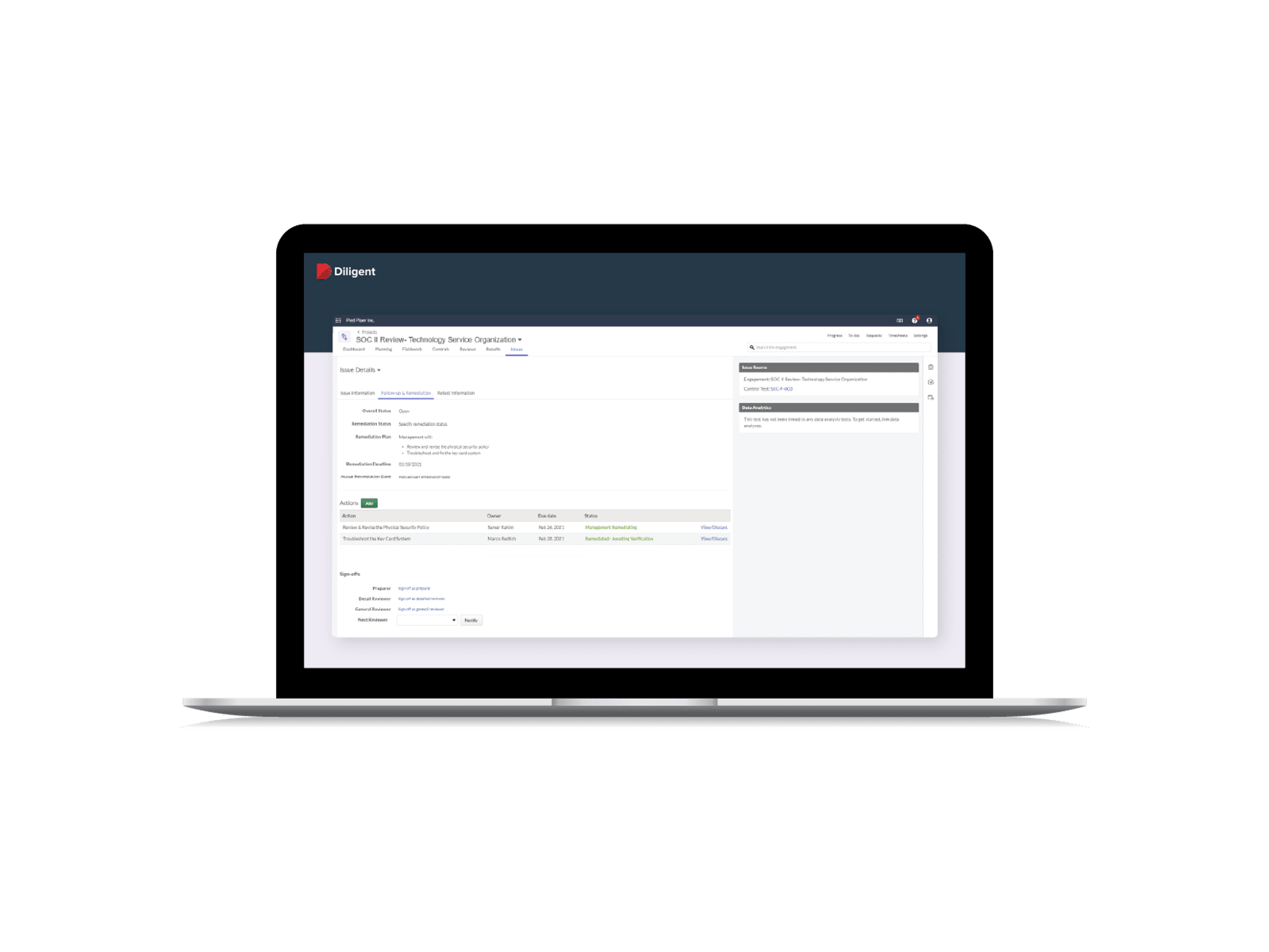 Laptop showing Diligent's IT compliance software
