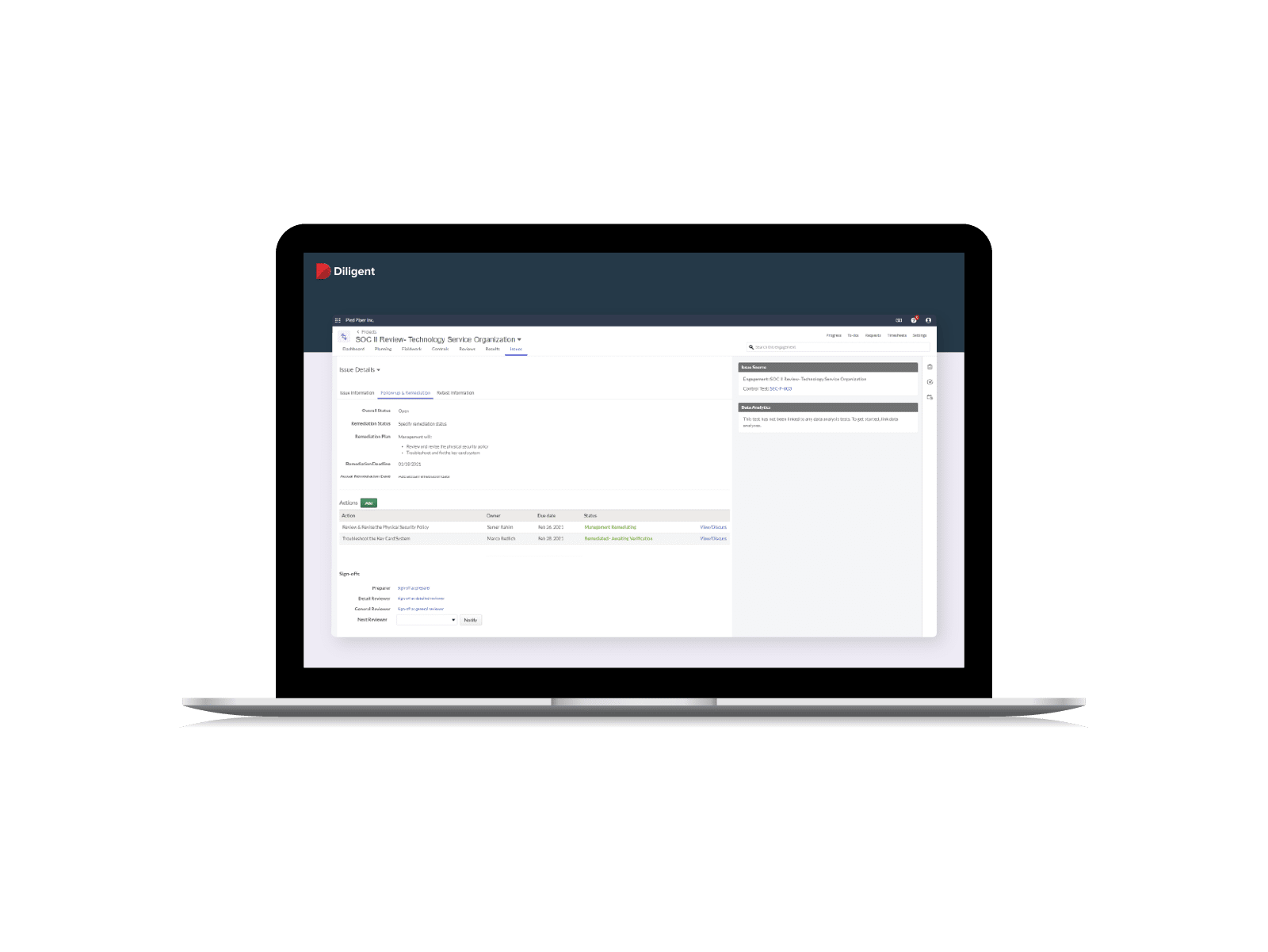 Laptop showing Diligent's IT compliance software