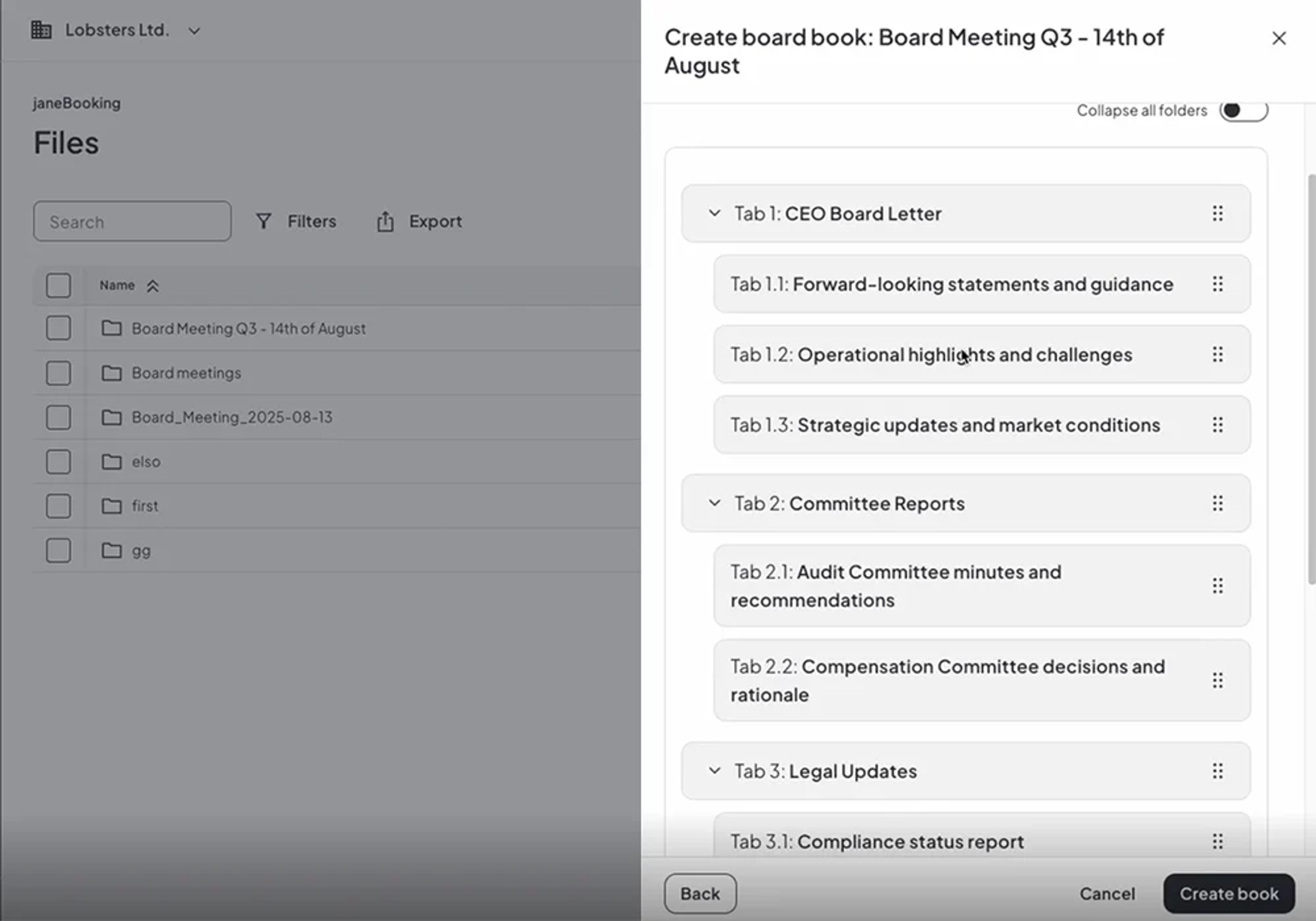 Image of board book creation, using data stored in Diligent Virtual Data Room