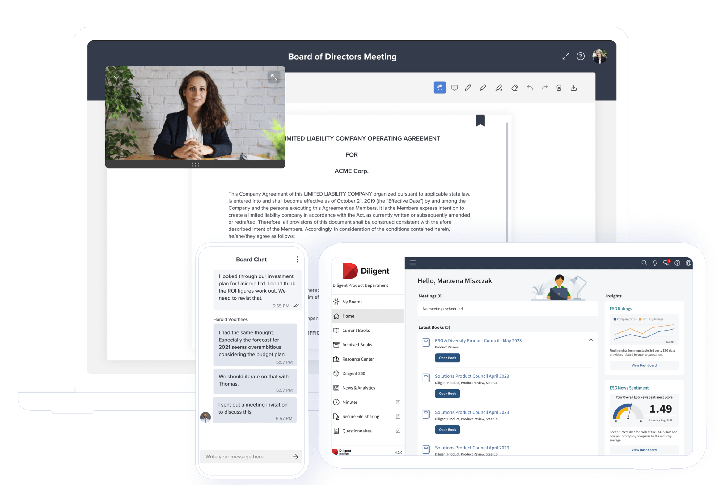 Board meeting software interface on various devices