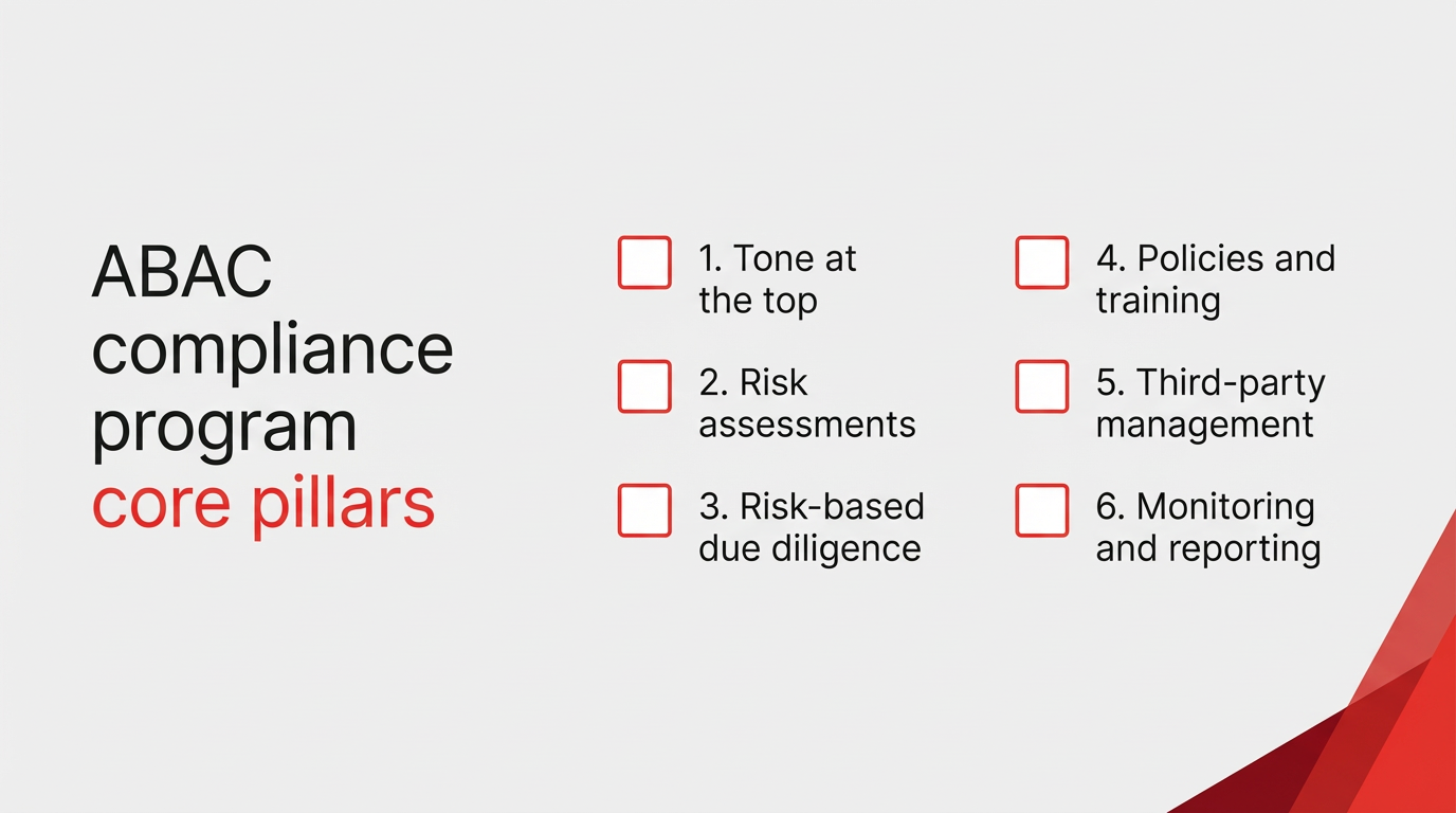 Image showing the six core pillars of an anti-corruption and anti-bribery (ABAC) compliance program