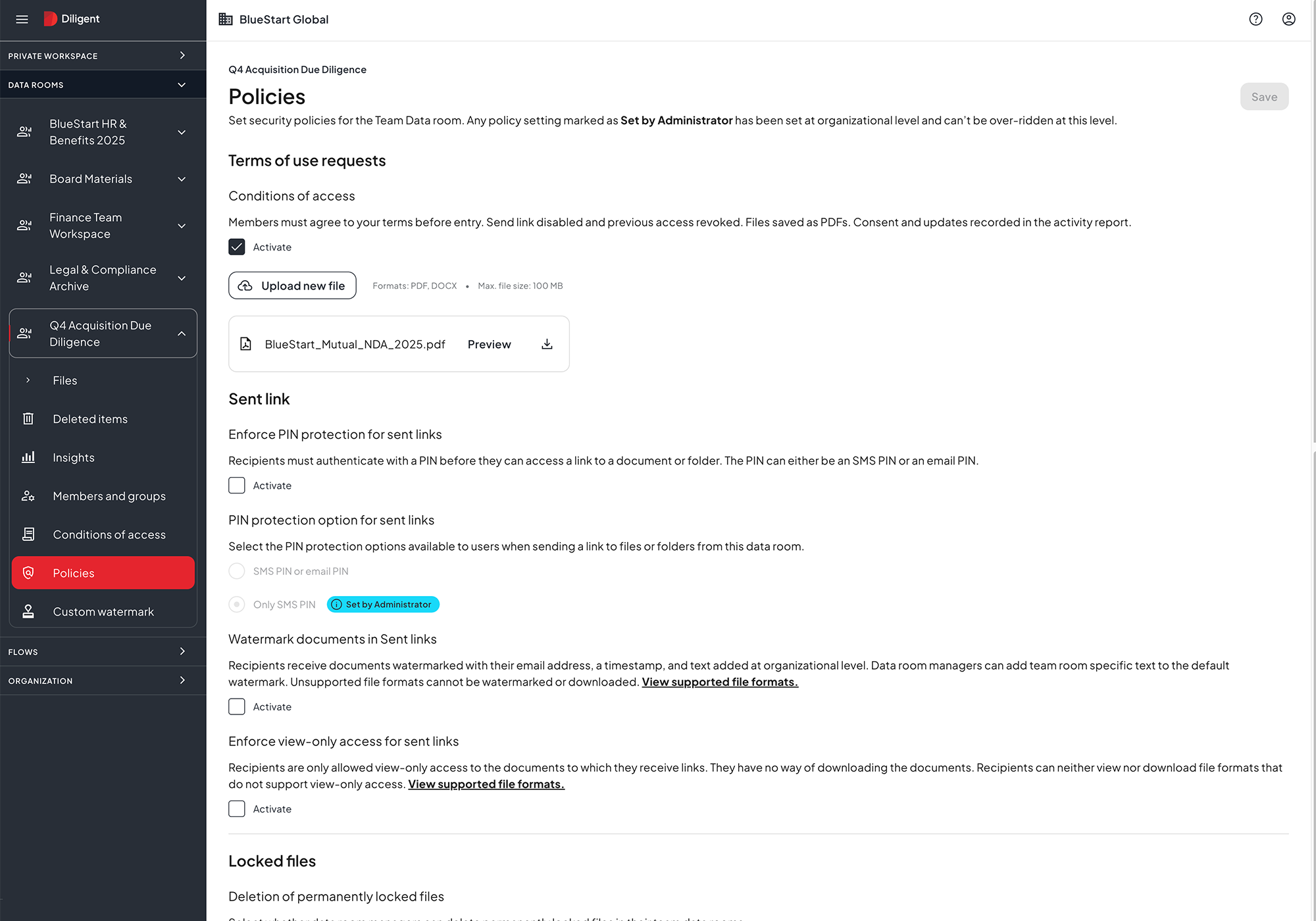 Compliance management workflow data room policies showing security controls, NDA enforcement and access permissions for regulatory documentation