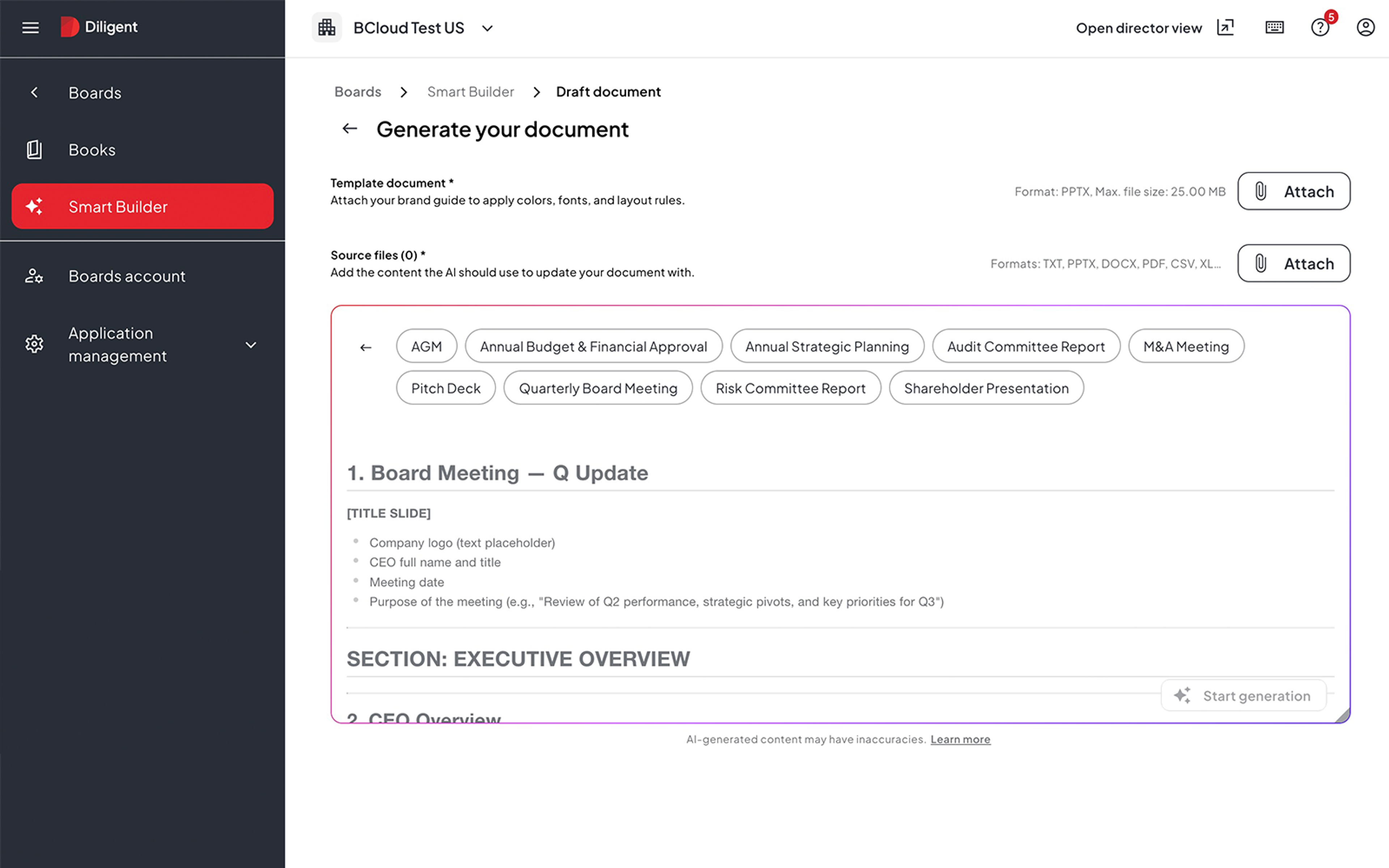 Diligent Smart Builder interface showing board document generation with template options for quarterly meetings, pitch decks and committee reports used by growth stage startup governance teams