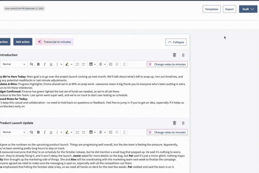 Diligent flexible minutes status