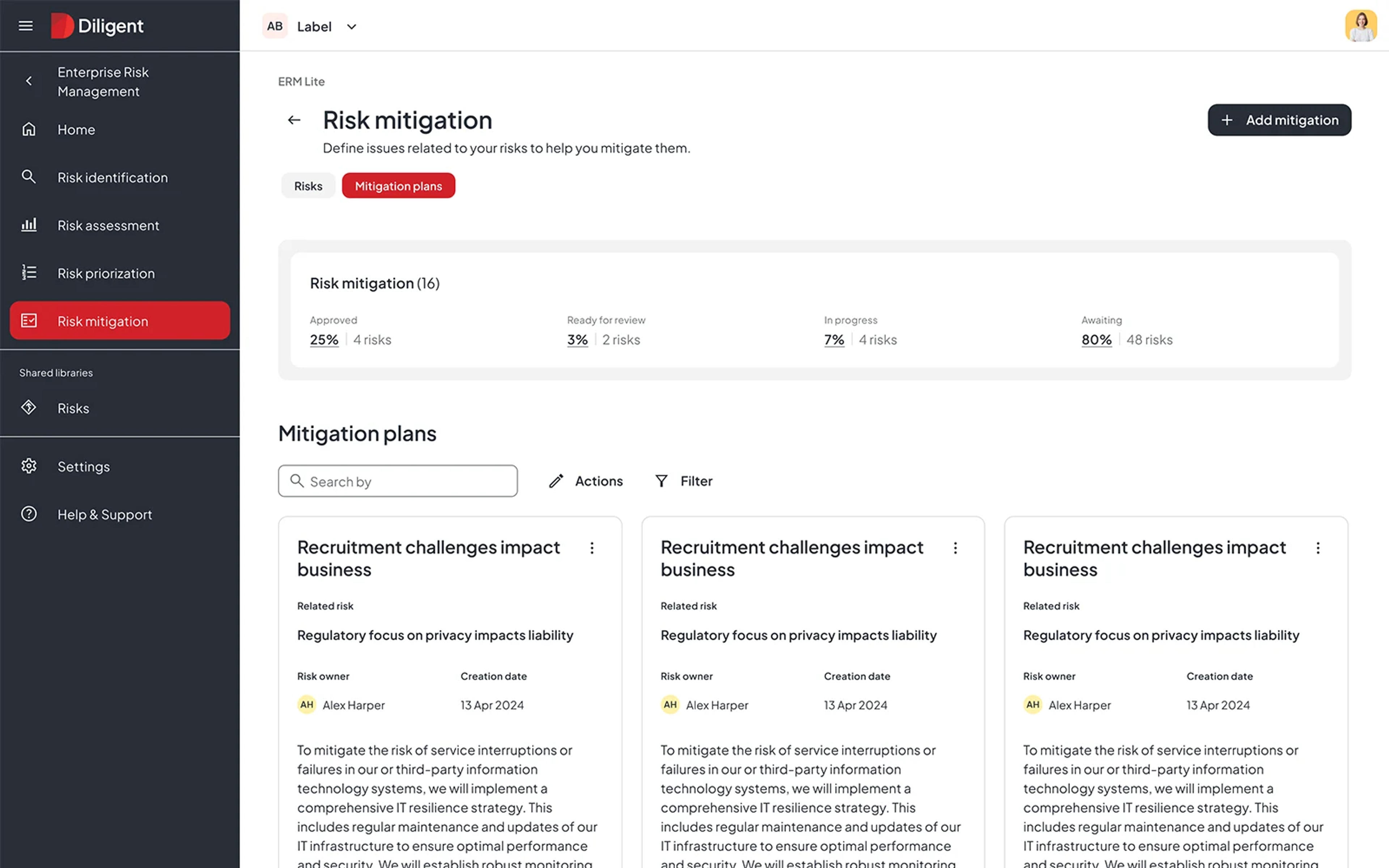 Risk mitigation page on Diligent, which is important for implementing an effective ERM strategy