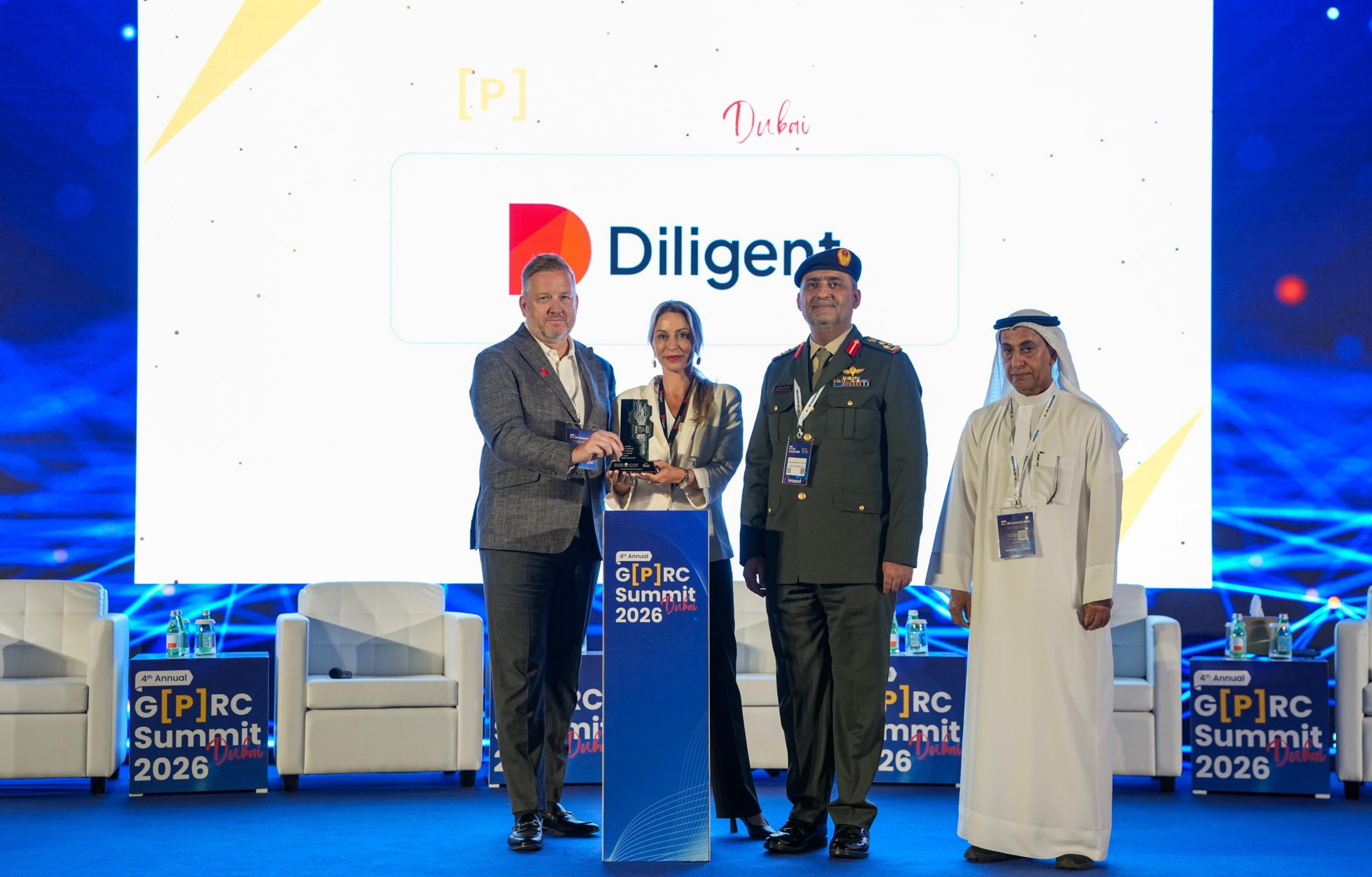 The award was presented on behalf of the UAE Government by Brigadier General Staff Ayoub Butti Al Falasi and accepted on behalf of Diligent by Narimane Kurdi, Director of Revenue Marketing, and Paul Skerratt, RVP of Sales UAE. 