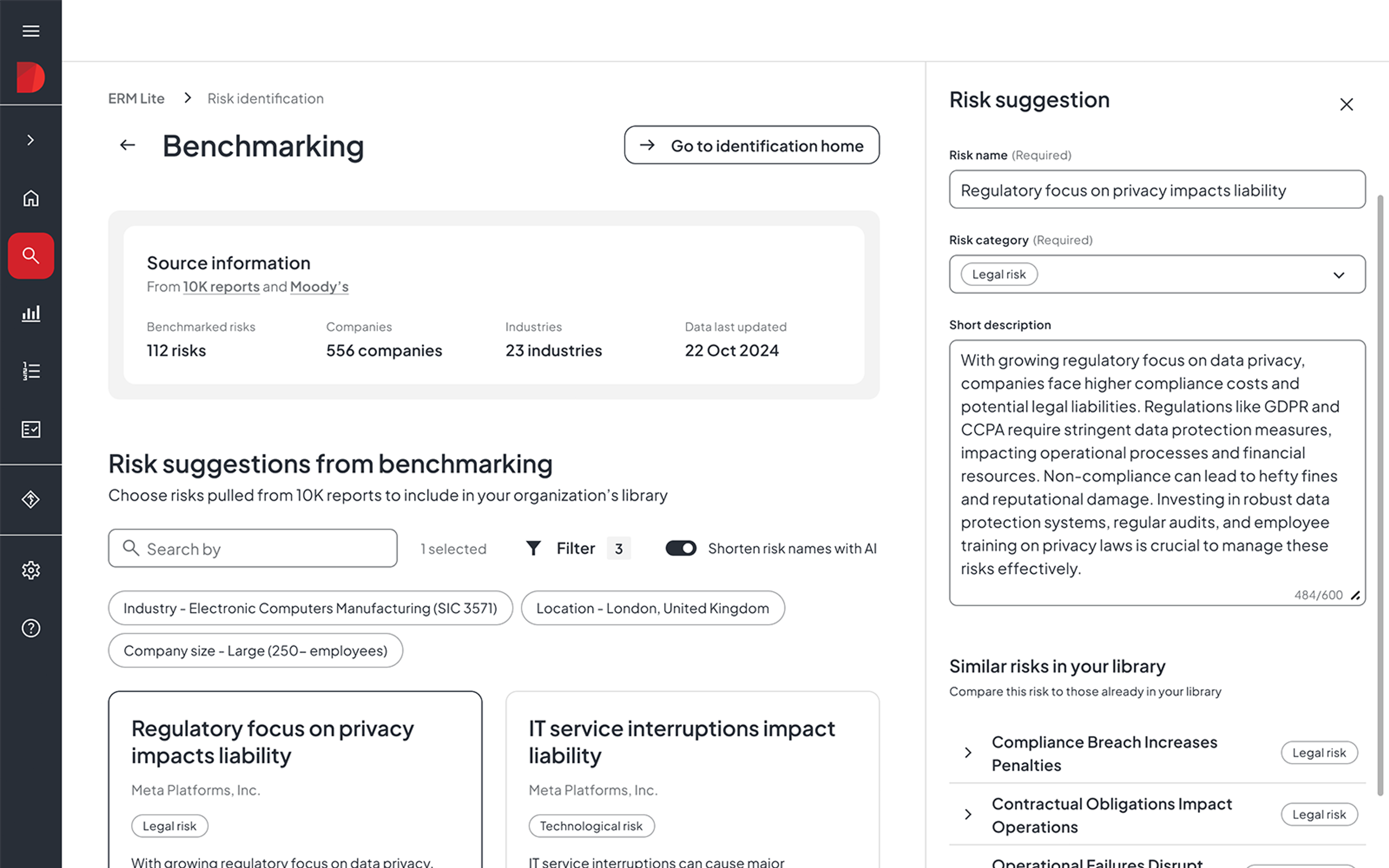 Diligent ERM benchmarking interface showing AI-powered risk identification from 10K reports and Moody's data across 556 companies and 23 industries