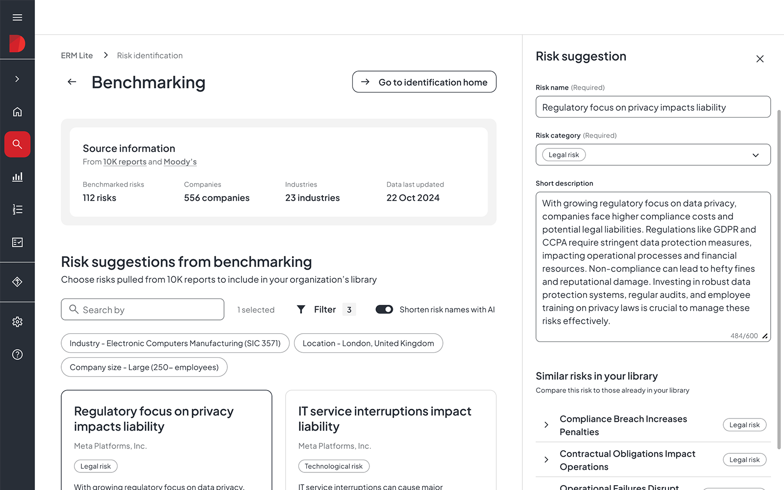 Diligent ERM benchmarking interface showing AI-powered risk identification from 10K reports and Moody's data across 556 companies and 23 industries