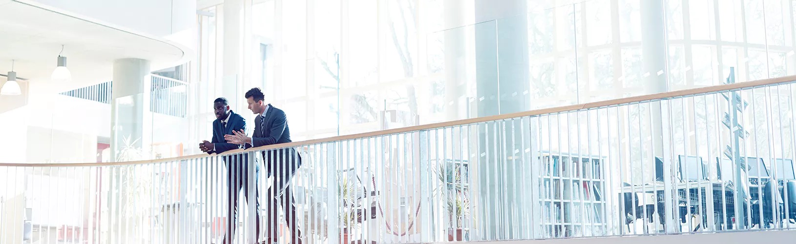 People discuss IRM and ESG over banister in well-lit office