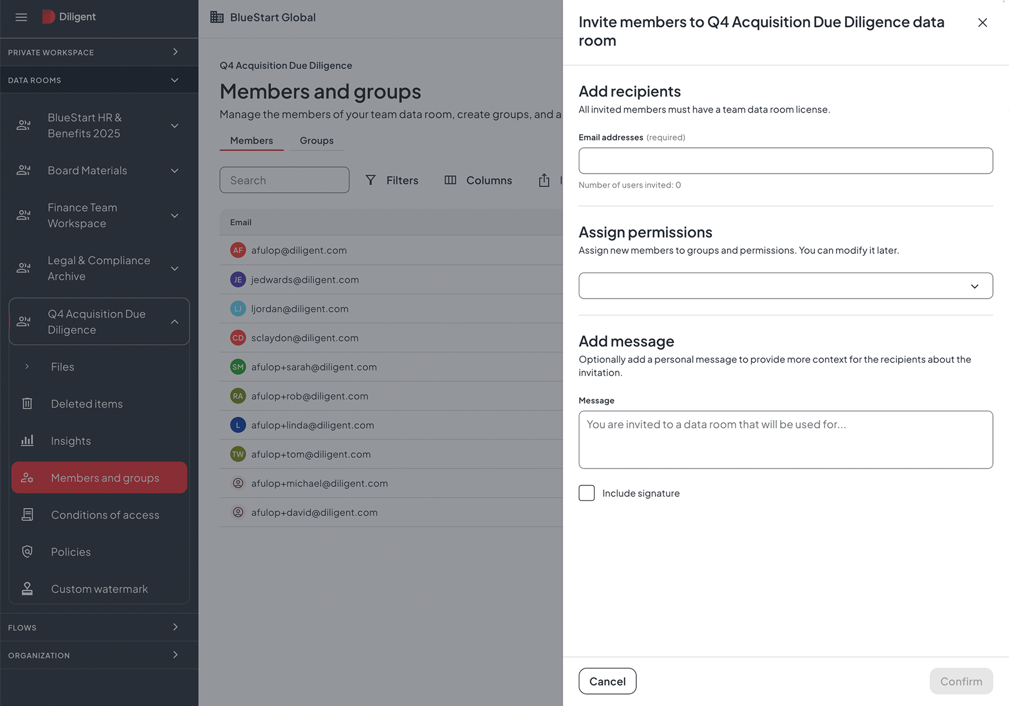 Secure data room interface for angel investor pitch deck showing member management and permission controls for fundraising
