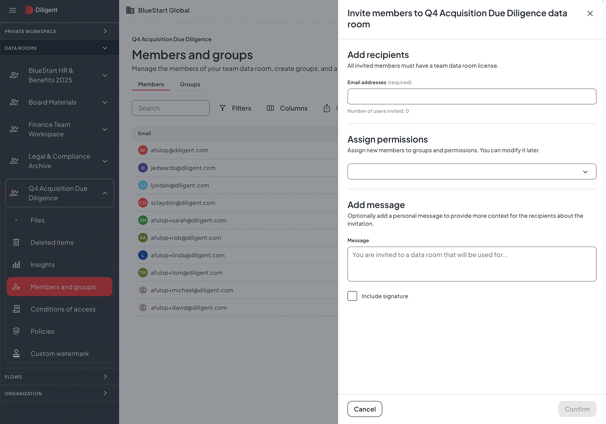 Secure data room interface for angel investor pitch deck showing member management and permission controls for fundraising