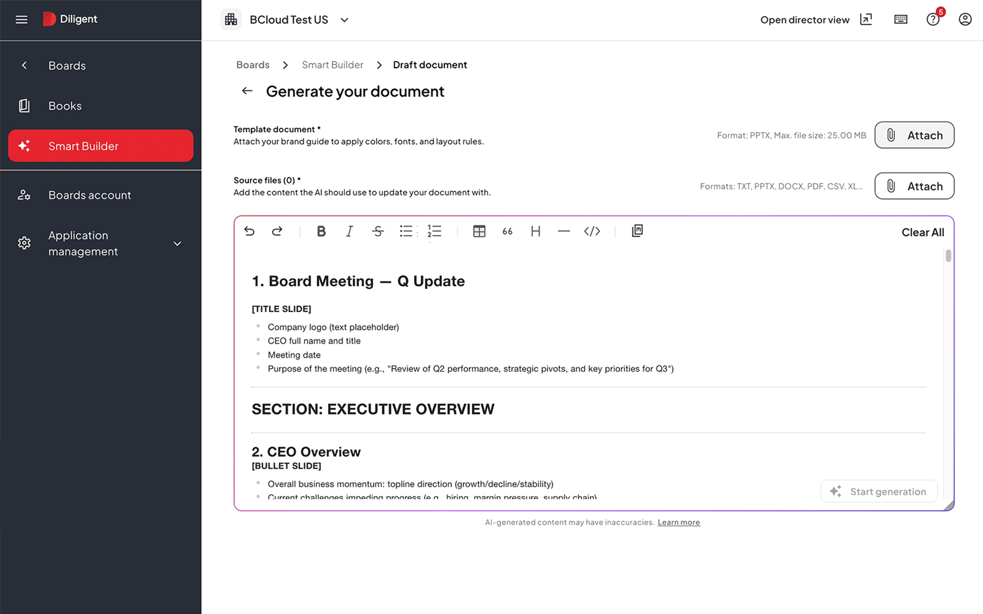 Smart Builder board document generation tool reflecting corporate governance trends 2026 through automated meeting preparation.