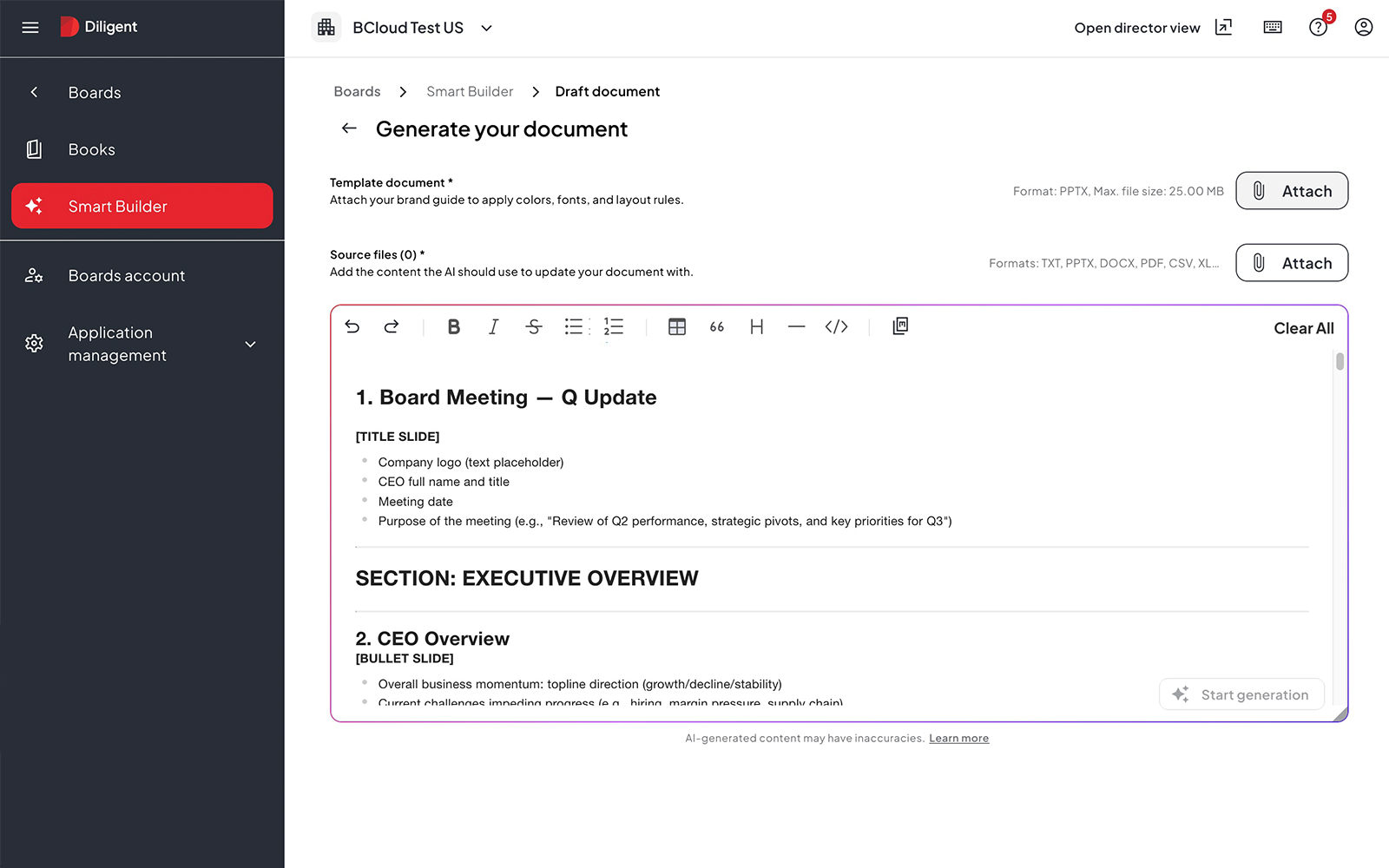 Smart Builder board document generation tool reflecting corporate governance trends 2026 through automated meeting preparation.