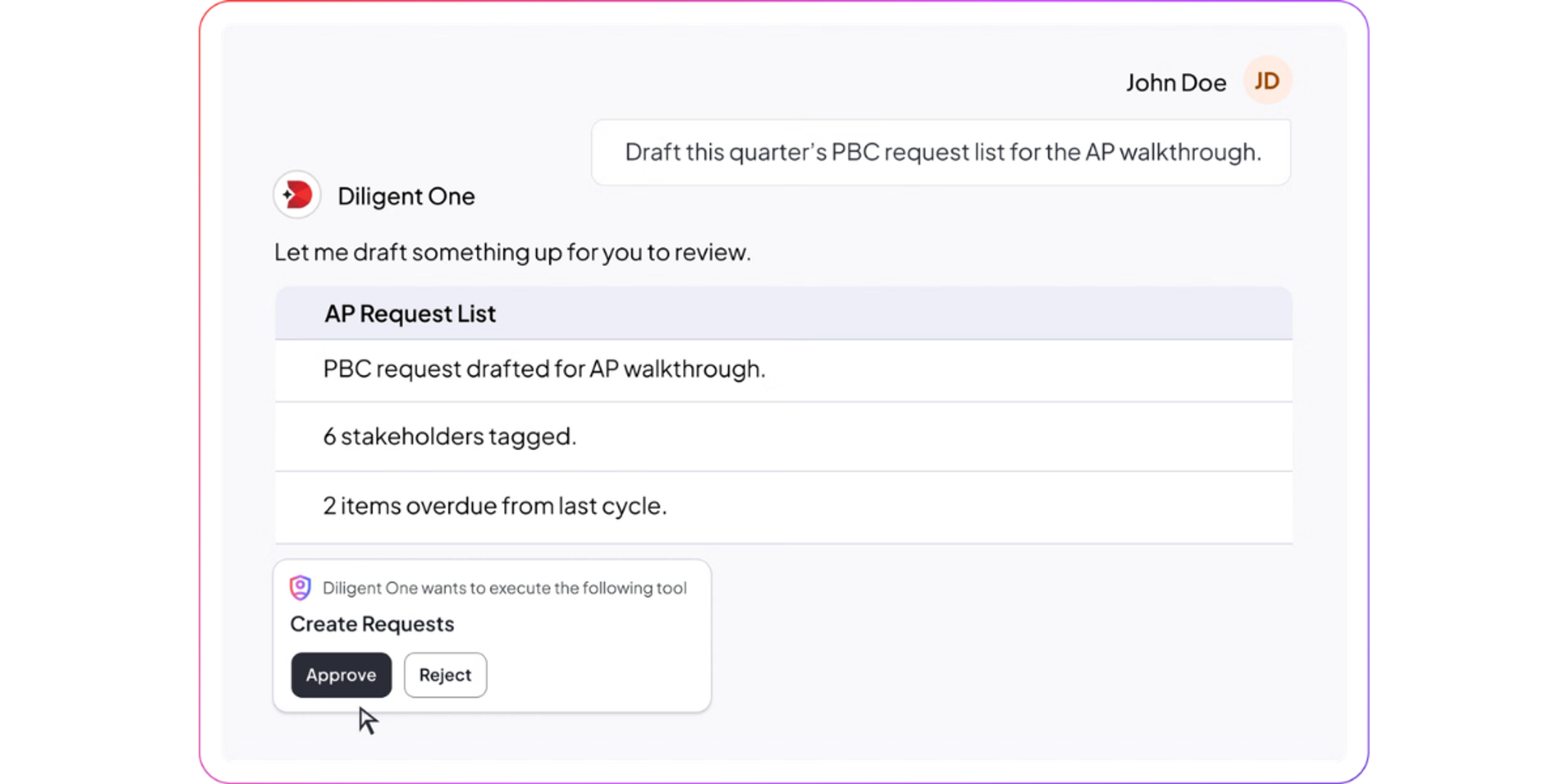 An audit agent UI shows a user prompting AI to complete a task
