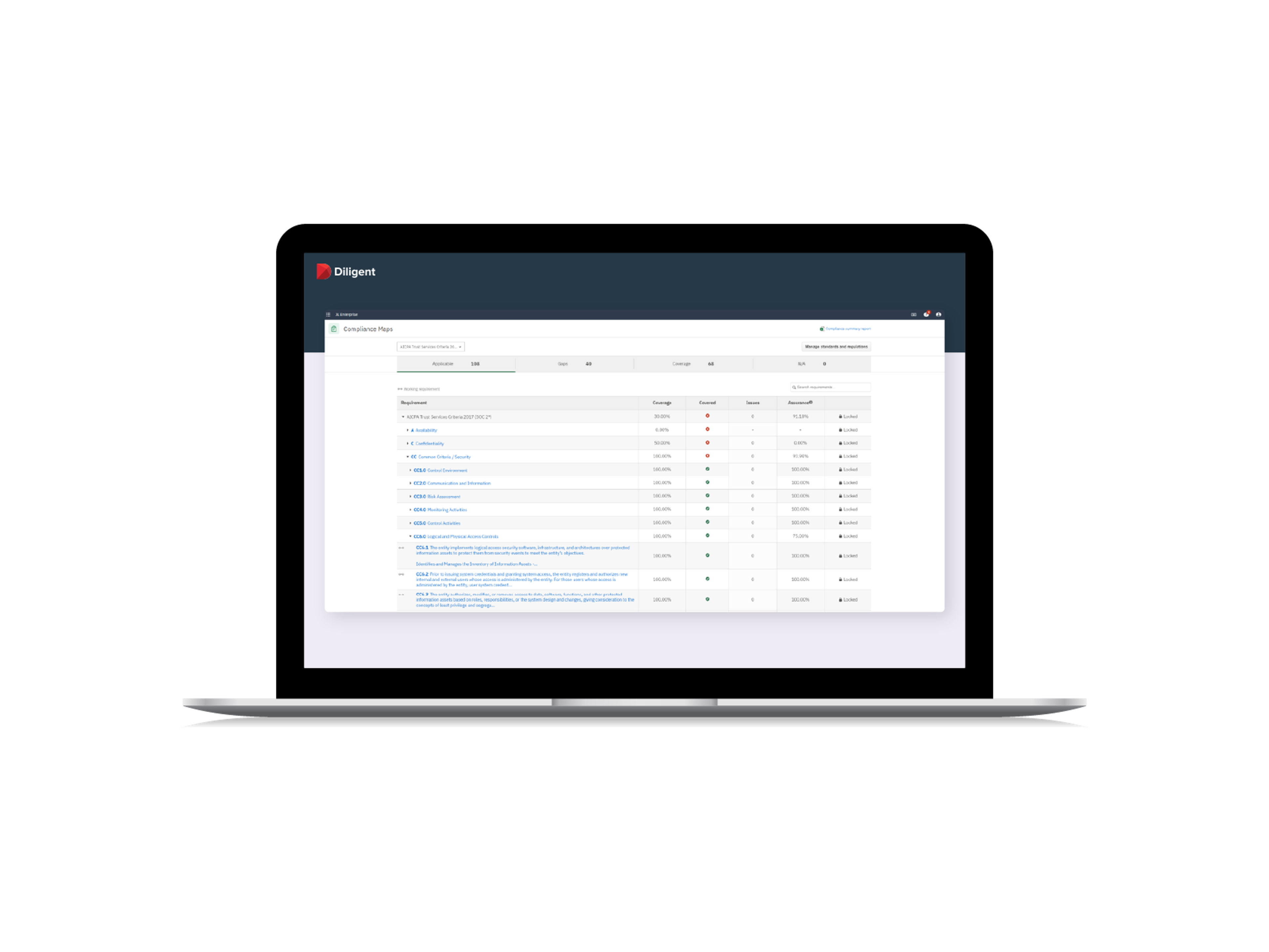 Laptop showing Diligent's IT Compliance software interface