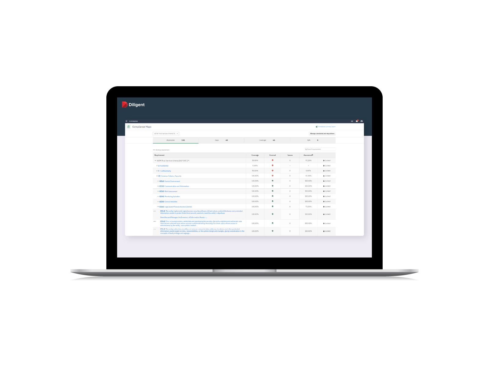 Laptop showing Diligent's IT Compliance software interface
