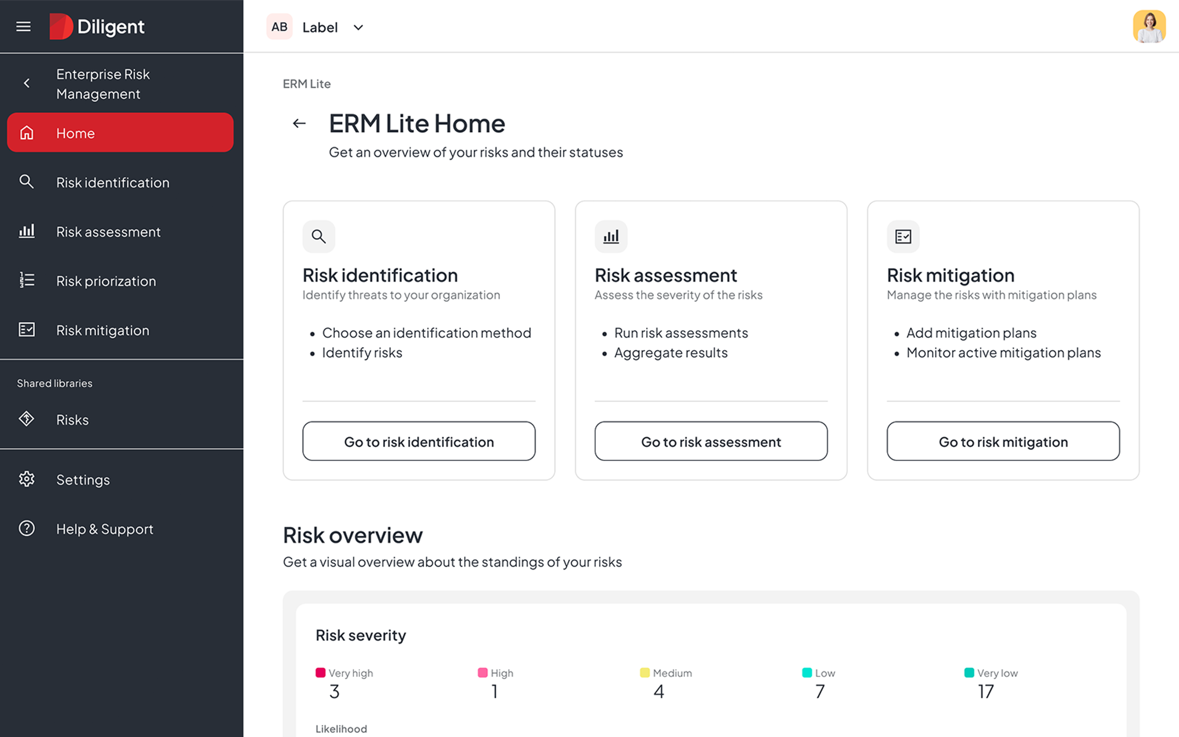 Diligent enterprise data risk management dashboard showing risk identification, assessment and mitigation workflow with visual risk severity overview