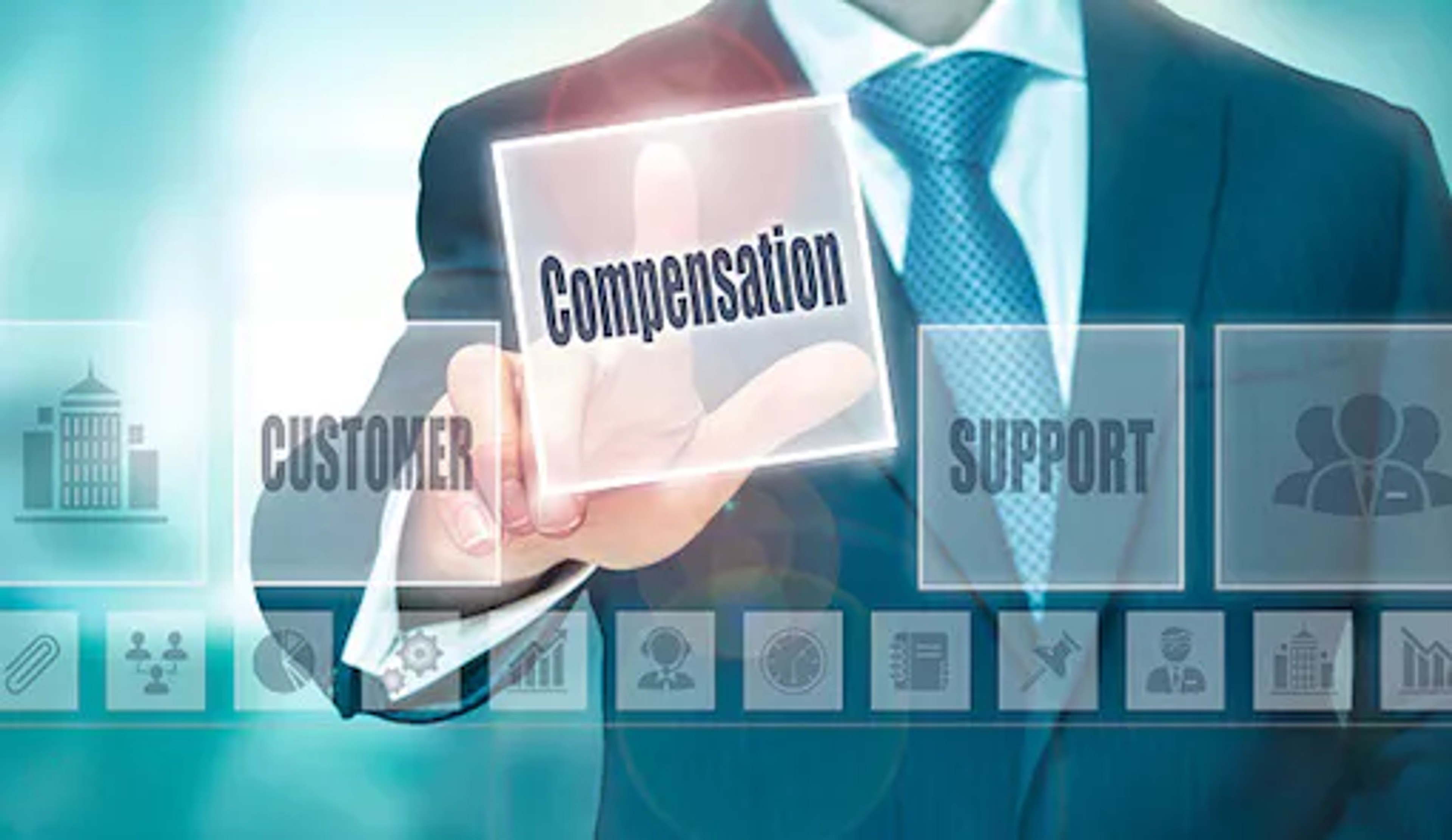 Illustration of man in suit selecting word from screen that says: customer, compensation, support