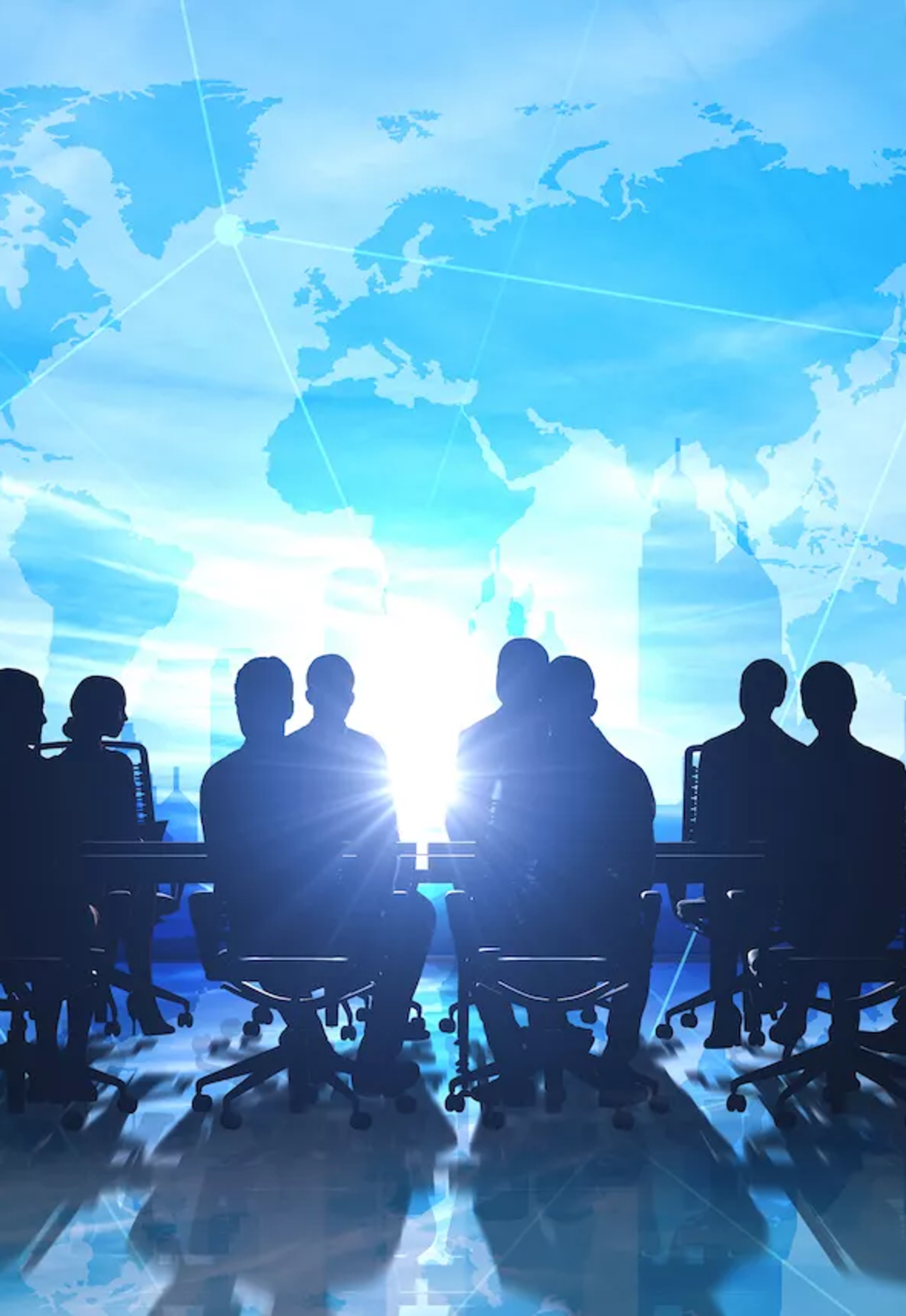 Meeting at a table with a large image of the world map above them