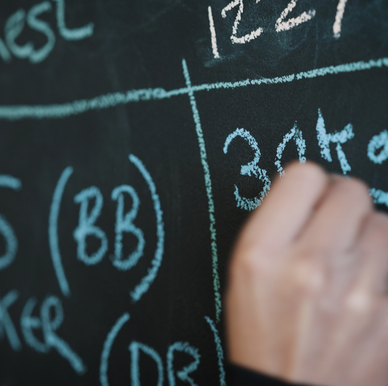 A hand chalking training numbers onto the gym blackboard