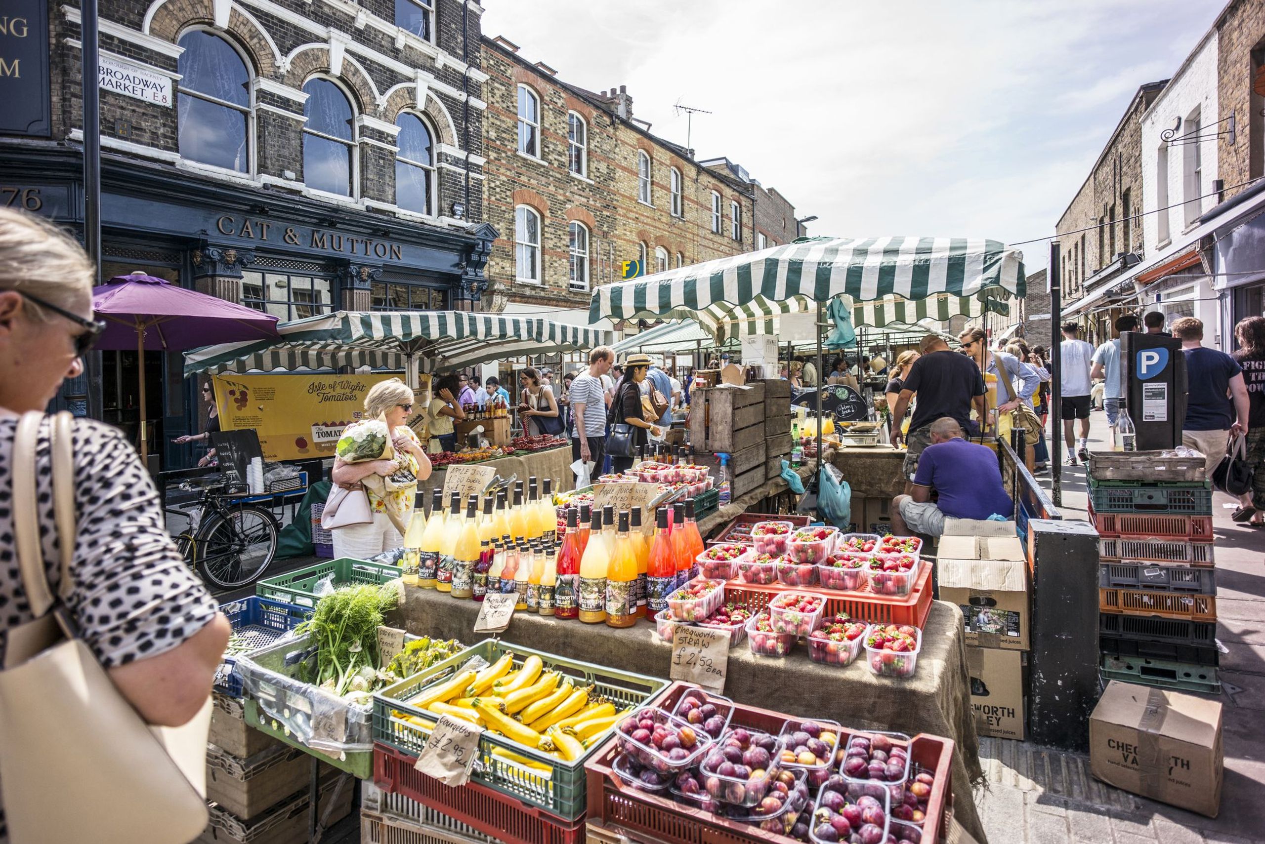 Fruit and vegetable stalls at Broadway Market in Hackney