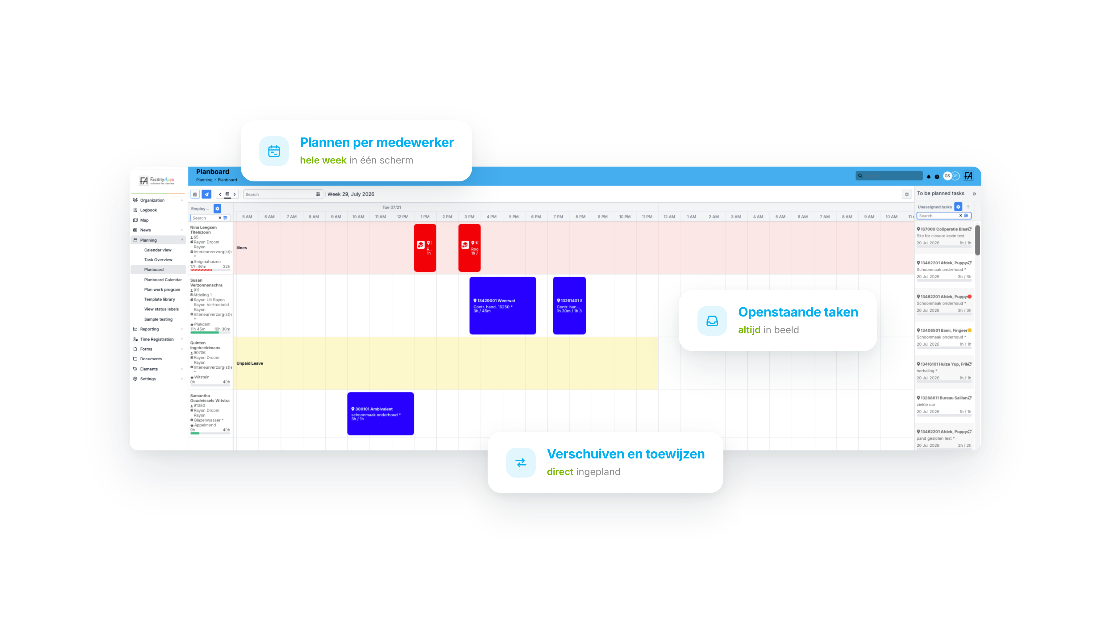 Planbord: diensten per medewerker en object, met drag & drop